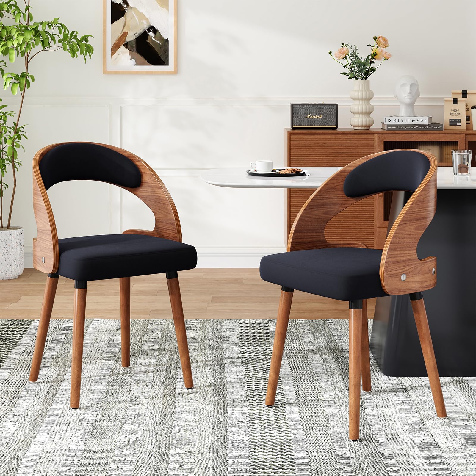 Farini Wood Dining Chairs, Set of 2 Modern Upholstered Dining Chairs with Curved Backrest for Kitchen, Dining Room, Living Room, Black