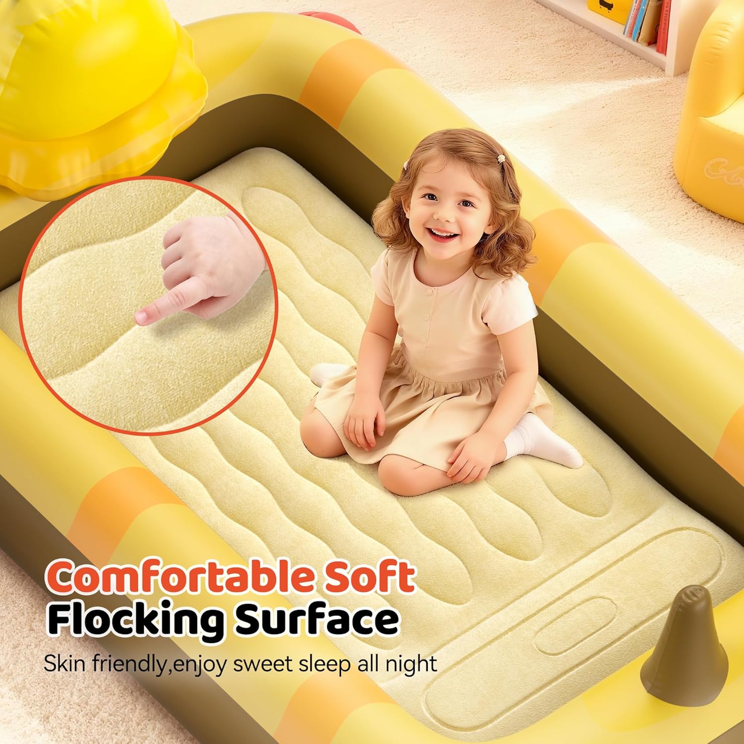 CoziBB Inflatable Toddler Travel Bed, Portable Travel Bed with Flocked Mattress, Built-in Pillow & Carry Bag, 4 Side Safety Bumpers for Toddlers-Cute Bee