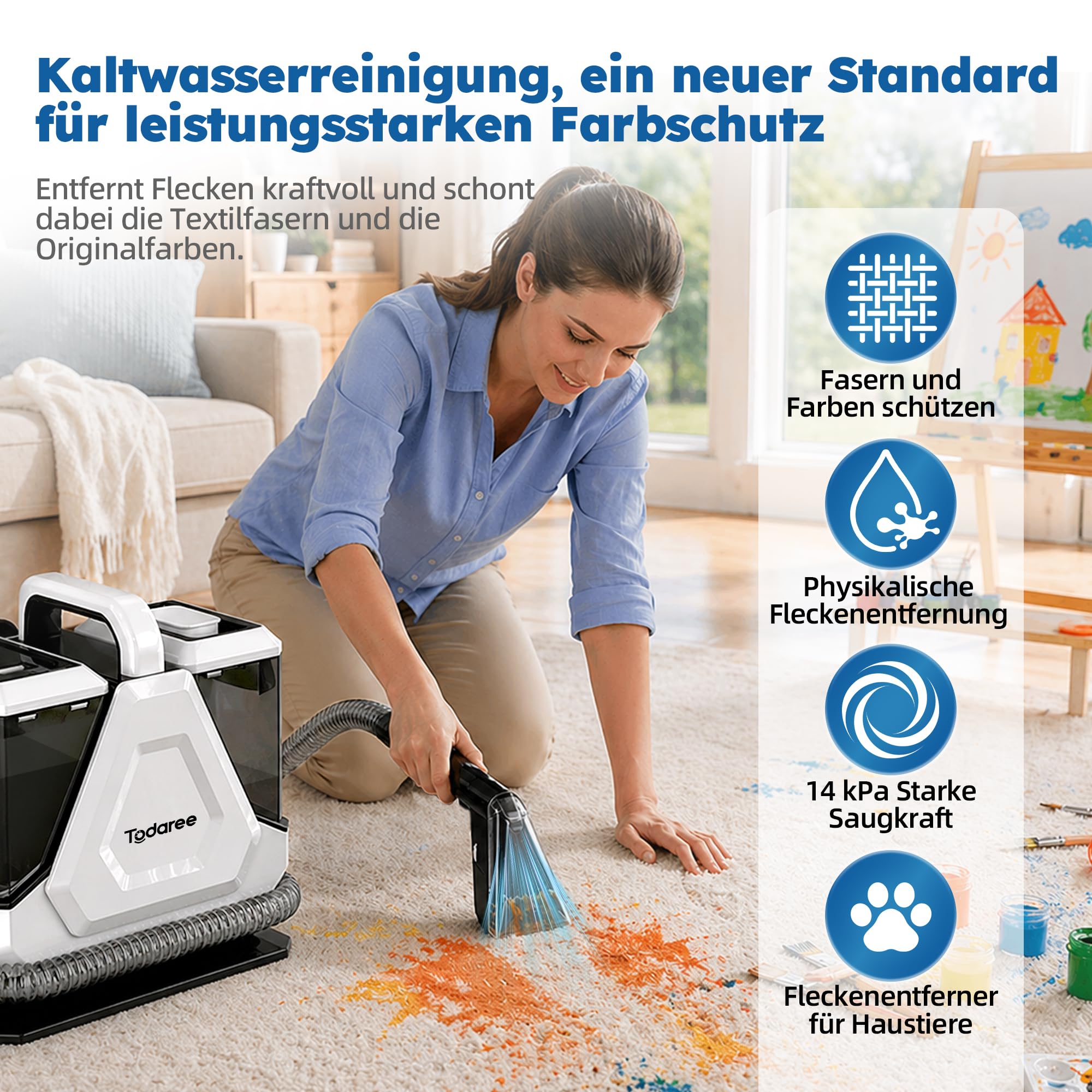 Polsterreiniger Gerät 14 kPa Stark, Teppichreiniger Waschsauger，Waschsauger & Nasssauger für Teppich, Sofa, Auto, Matratze – Handgerät mit Doppeltank für Polster, Tierhaare, Weiß/Grau