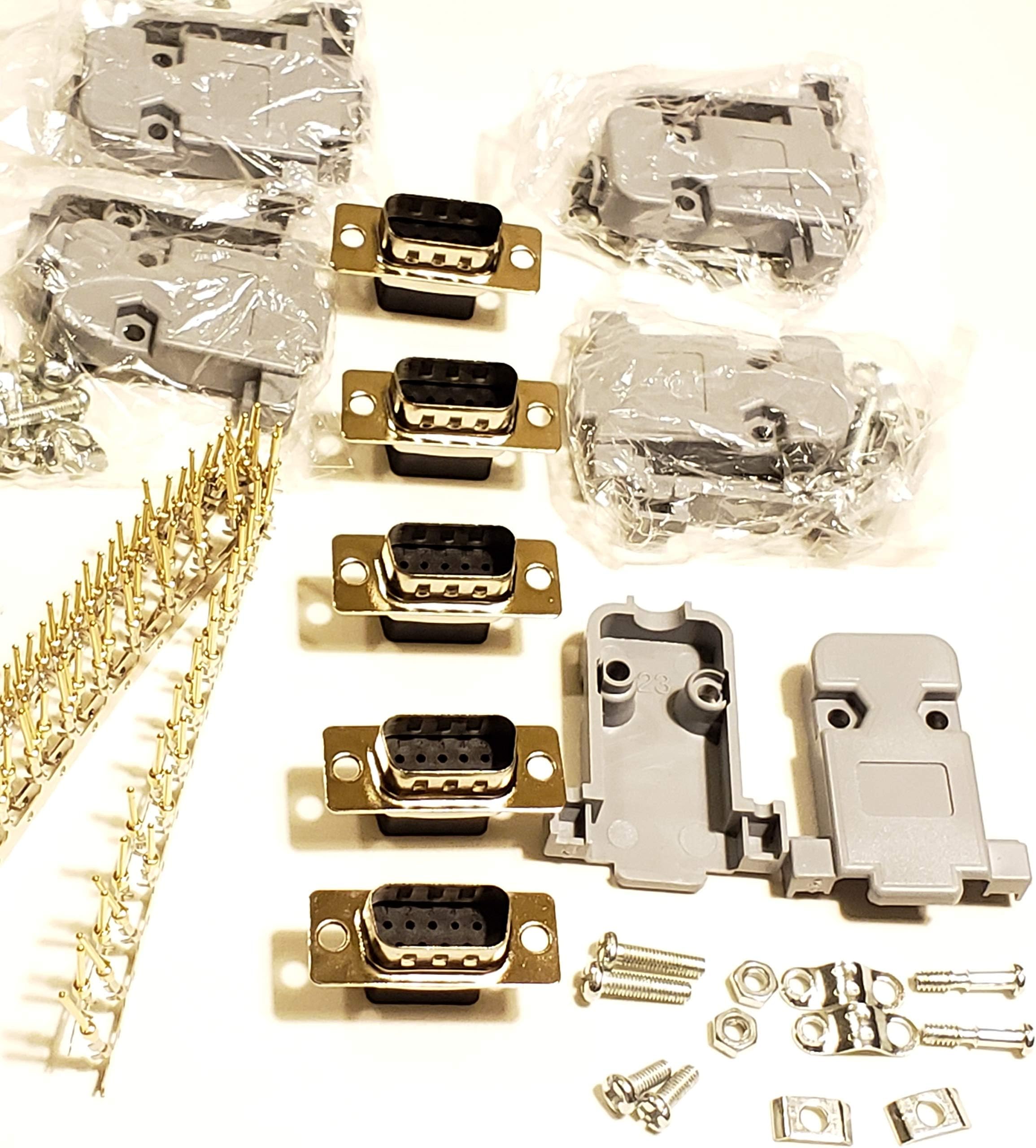 Connectors Pro 5 Sets Crimp Type DB9 Male + Plastic Hoods + Pins D-Sub 9P Male Crimp Connector, Pin Hood Kit 5 DB9 Males + 5 Hoods + 50 Pins