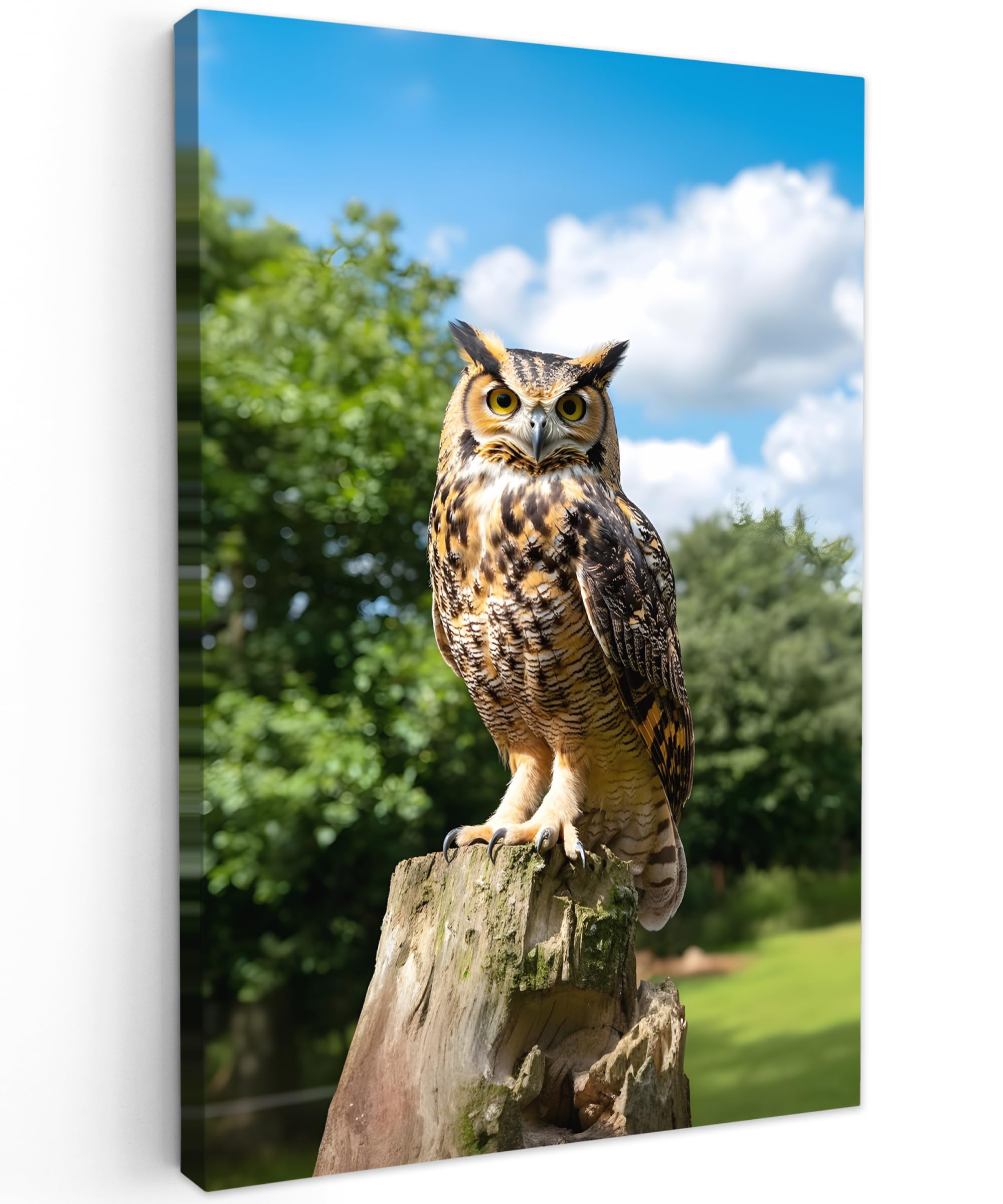 MuchoWow© Canvas Wall Art 16"x24" / 40x60 cm Decor Paintings Prints framed on Canvas Decorations Wallart Owl - Tree Stump - Forest - Sky