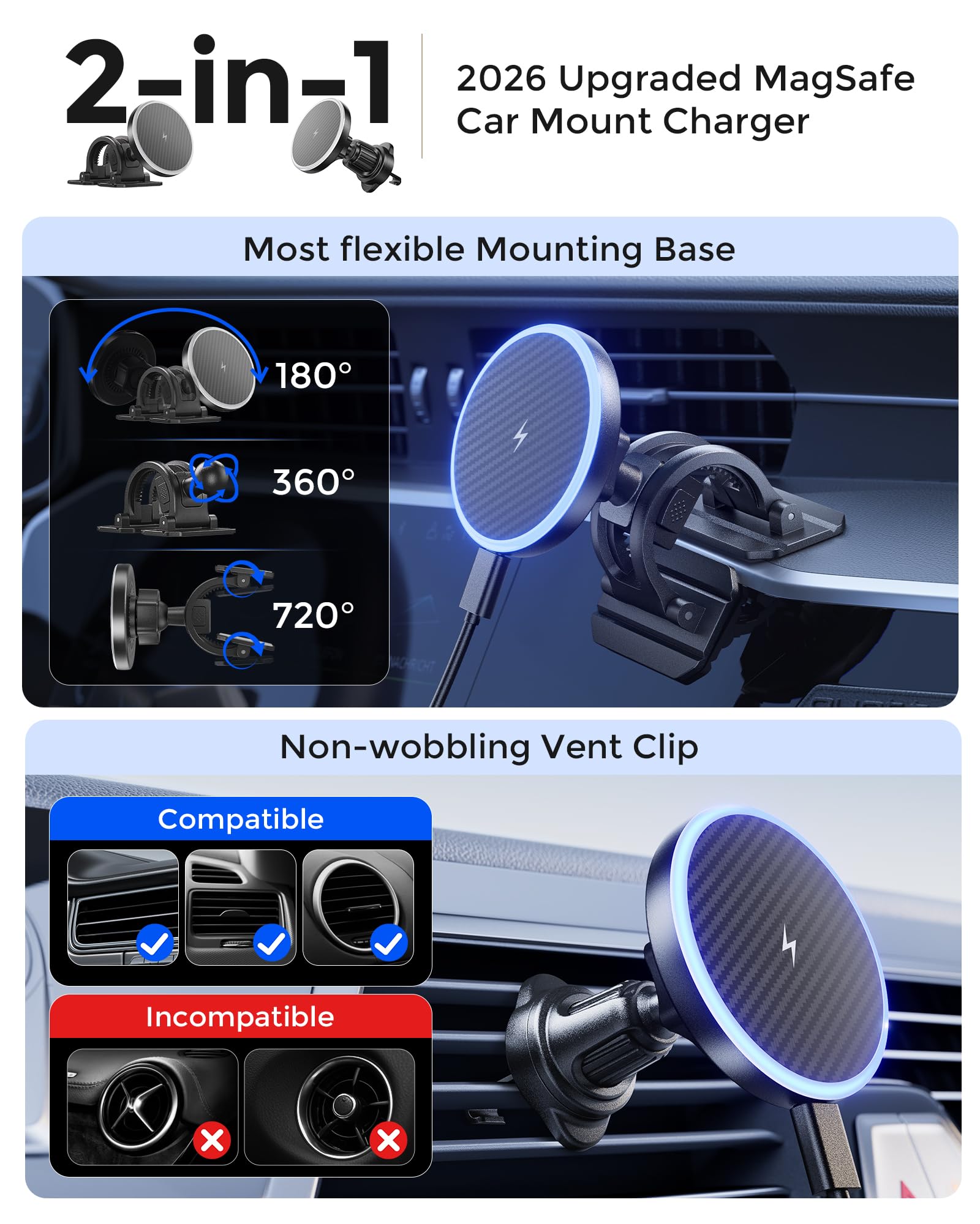 Estbuc 2-in-1 15W Magsafe Car Mount Charger, Magnetic Wireless Car Charger, 360° Dashboard & Air Vent Phone Mount, Phone Holders for Your Car, Car Accessories for Men Women for iPhone 17-12 - 2