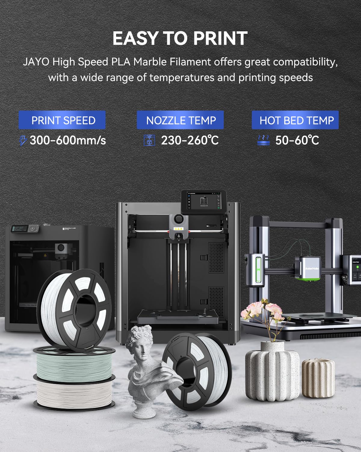 JAYO PLA Marbre Filament 1.75mm 1.1KG, Imprimante 3D Filament PLA Marble, 600 mm/s Haute Vitesse PLA Filament, Facile à Imprimer,Marble PLA Rouge
