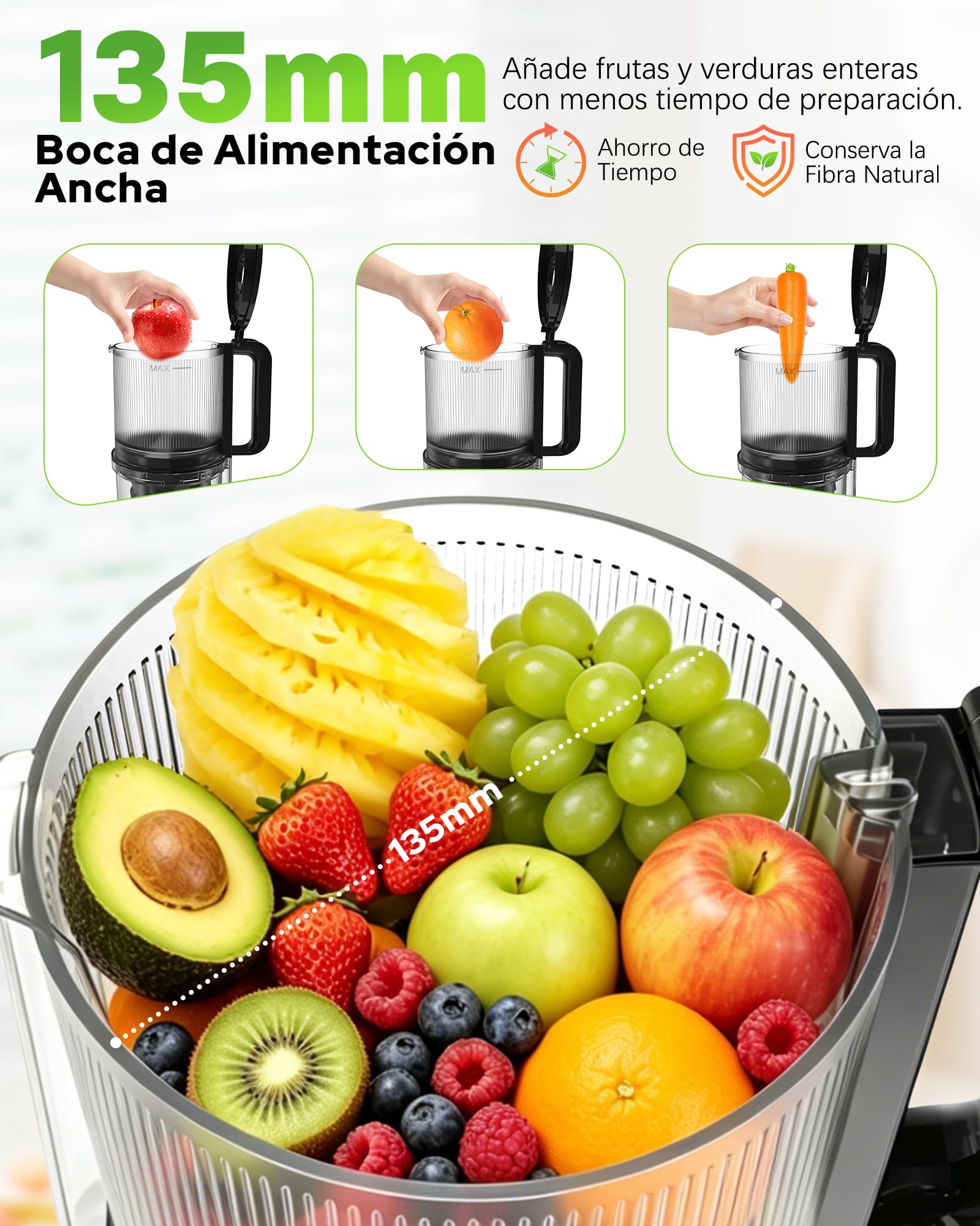 WIE Extractor de Zumos y Verduras, 300W Licuadora Prensado en Frío | Slow Juicer Machine con Boca XL 135mm, Capacidad 2,2 L para Frutas y Verduras Enteras, Fácil Montaje y Limpieza, Sin BPA