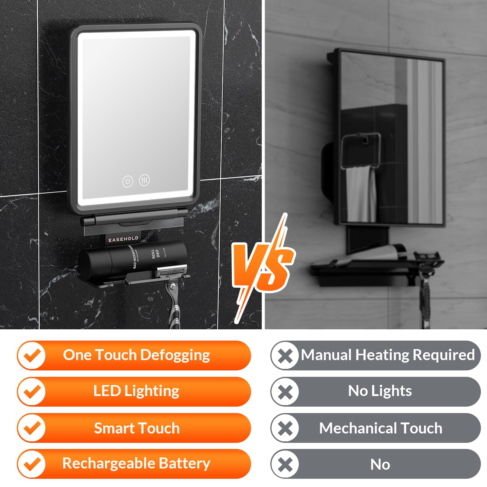EASEHOLD Beschlagfreier Duschspiegel, Led Rasierspiegel für Dusche mit Rasierklingenhalter, 3 einstellbare Lichtfarben, Wiederaufladbarer Akku, Anti-Beschlag Badezimmer Spiegel mit Touch-Taste