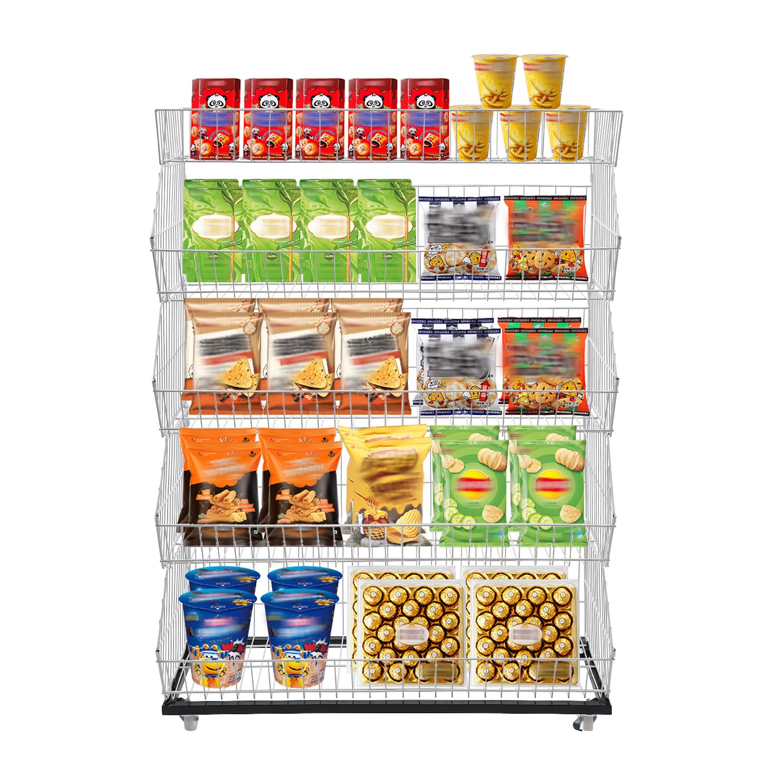 SHATUOA 5 Tier Retail Display Racks, Market Shelf Fruit Vegetable Snack Basket Free-Standing Metal Snack Display Racks Cart with Wheels for
