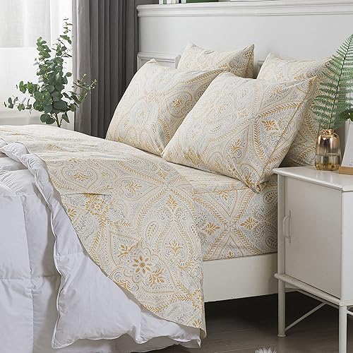 Miniatura 2 de FADFAY Juego de sábanas de lujo tamaño King, clásico, damasco, cachemira, lujoso, dorado, elegante, cachemira, transpirable, 100% algodón, ultra