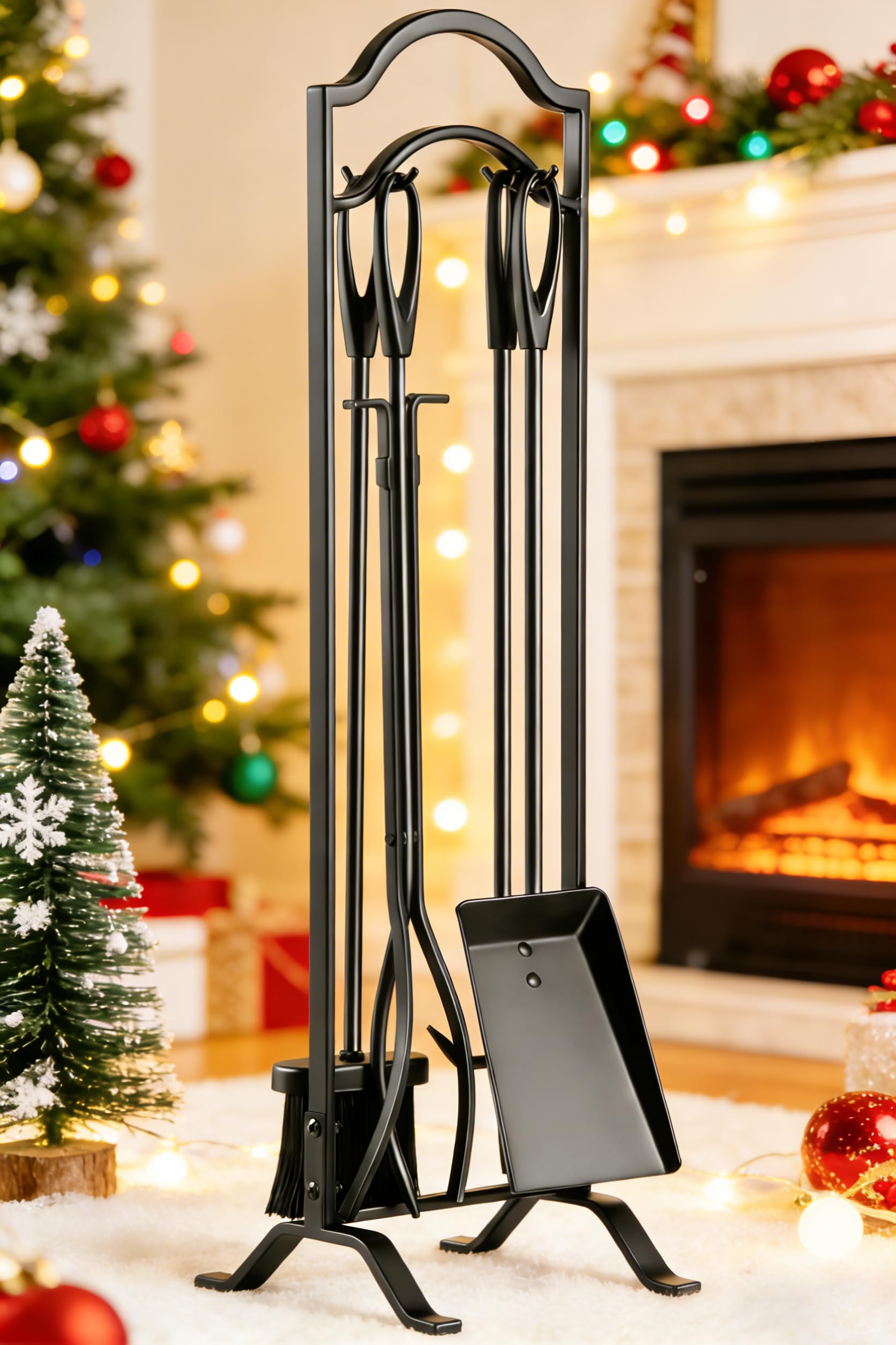 FEED GARDEN 29 Inch Fireplace Tools Set 5 Pieces Indoor Outdoor Wrought Iron Fireplace Accessories Set Wood Stove Fire Place Set with Heavy Duty Tongs,Poker,Shovel,Brush and Stand,Black