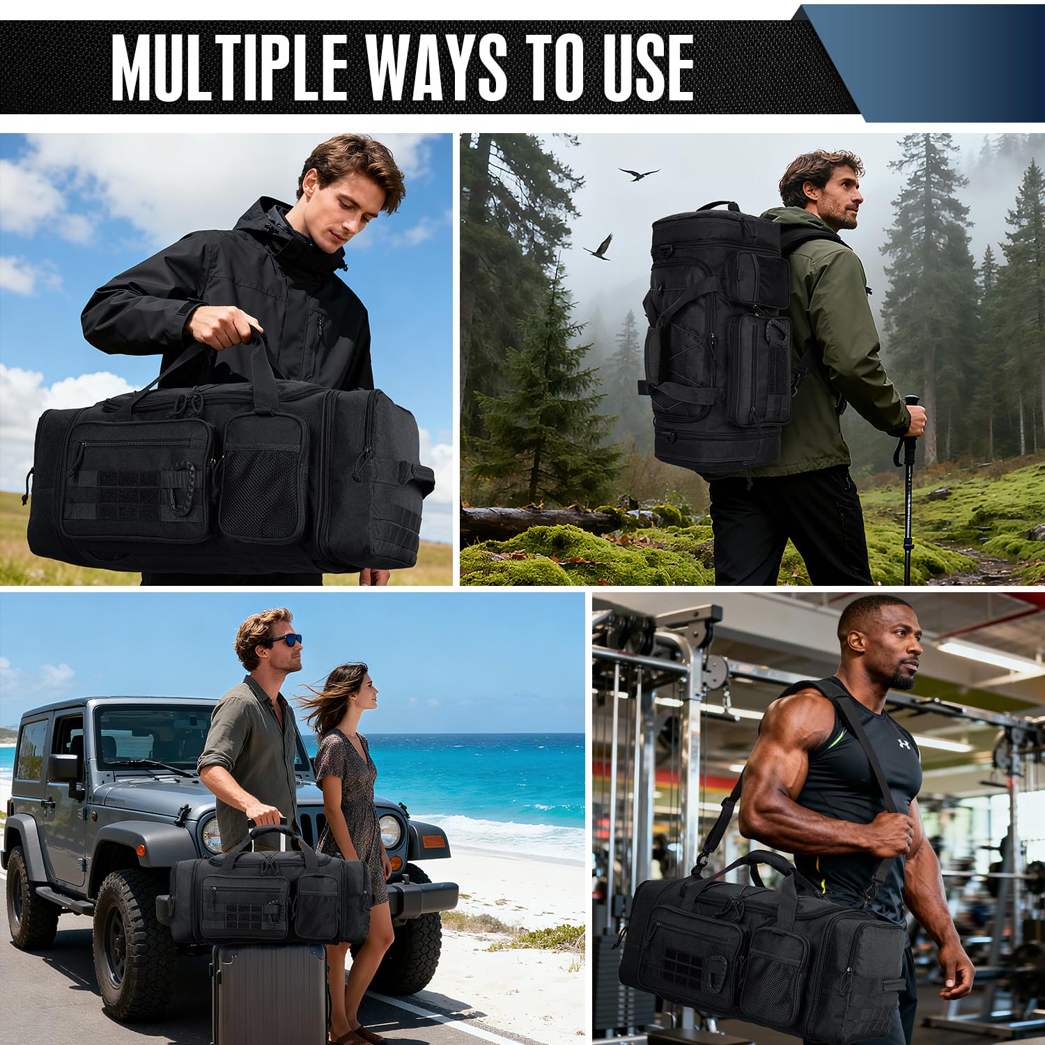 Taktische Reisetasche Sporttasche 40-45L Erweiterbar 3-in-1 Sporttaschen Herren Mittel mit Schuhfach Nassfach und Rucksackfunktion Trainingstasche Damen für Militär Fitness Gym Sauna, Schwarz