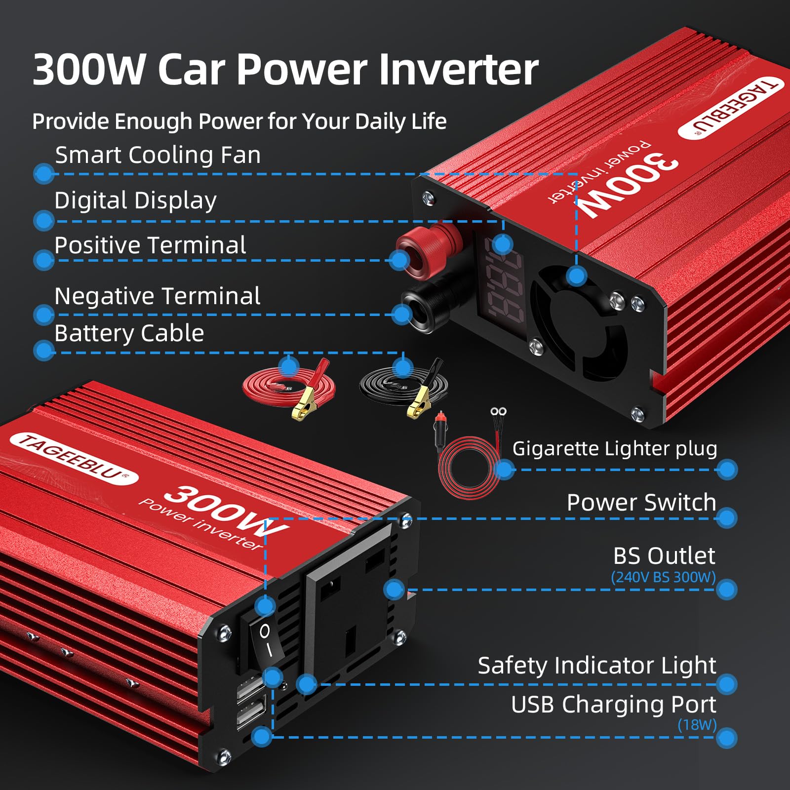 12V 300W Power Car Inverter 12v to 240v, Car Voltage Converter Transformer with 3-Pin Sockets & 2-USB Ports for Charging Phones, Laptop, Tablets, GPS Units, TV, Camping Equipment - 5