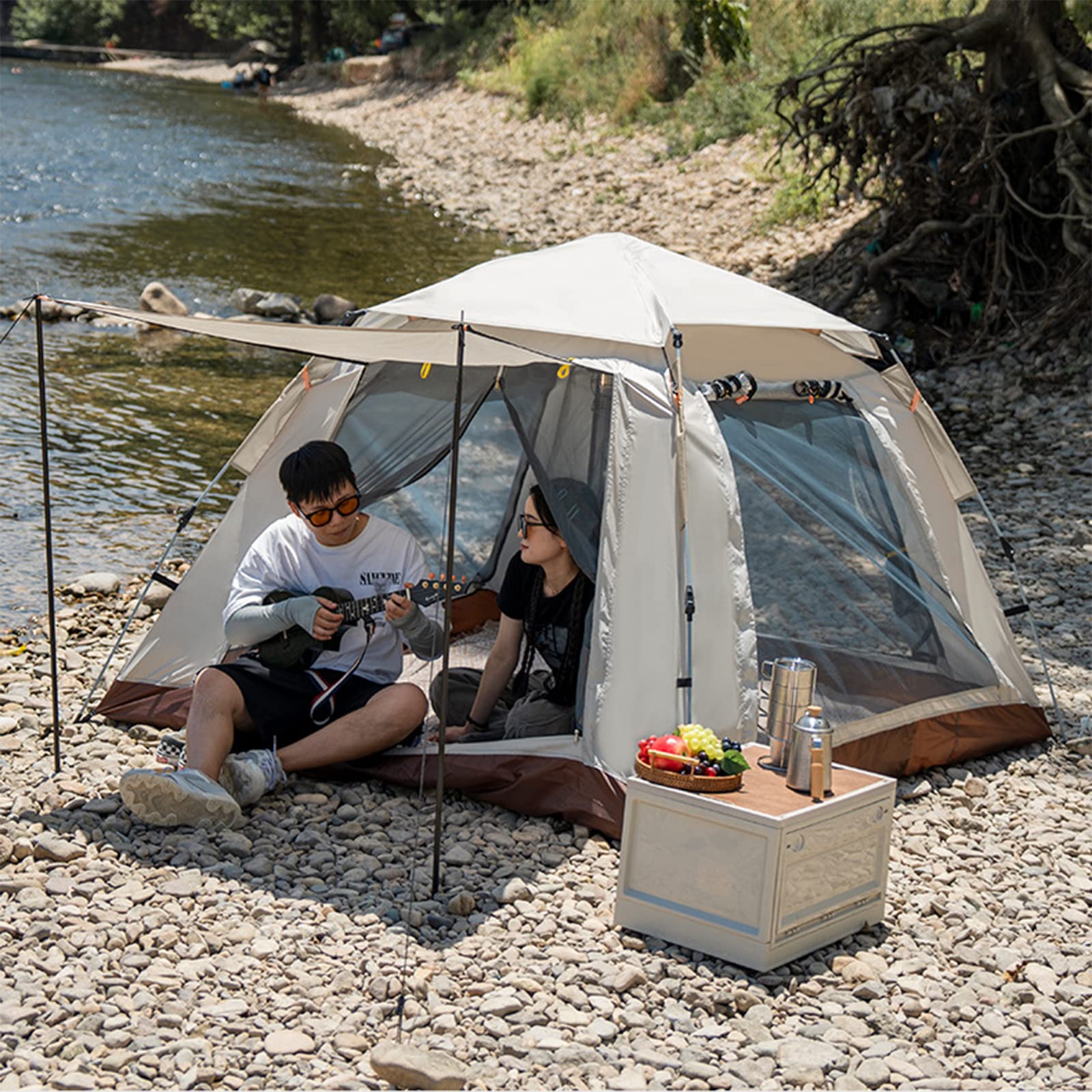 Campingzelt, Pop-up-Zelt für den Außenbereich, quadratisches Dachzelt für 4 Personen, 210D Oxford-Stoff, wasserdicht, Winddicht, Sonnenschutz, 5 Seiten zur Belüftung, mit Aufbewahrungstasche Sport & Freizeit