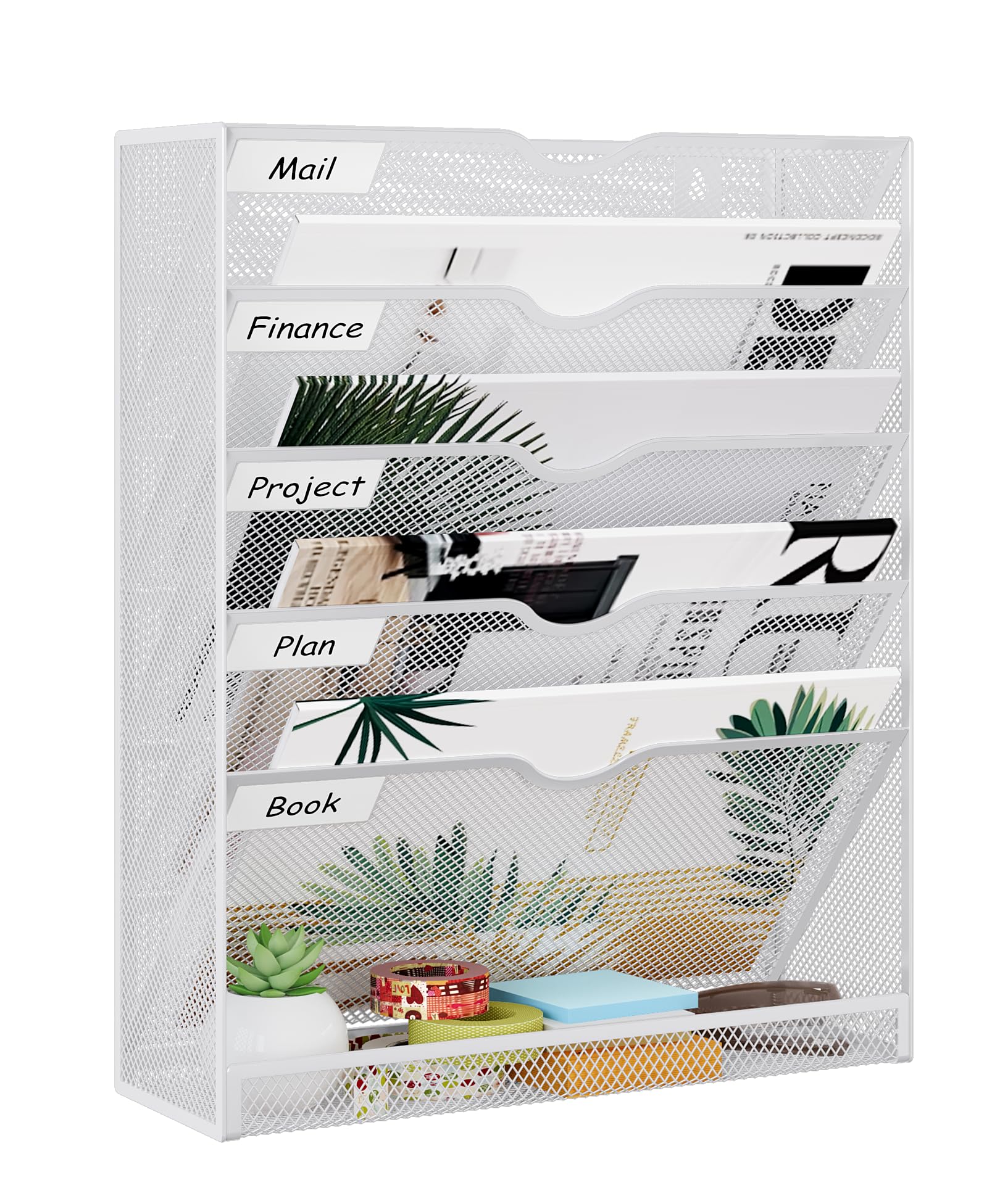 Soporte para revistas de pared de 5 niveles, para colgar documentos, almacenamiento de cartas, organizador de correo para papel A4, metal, color blanco