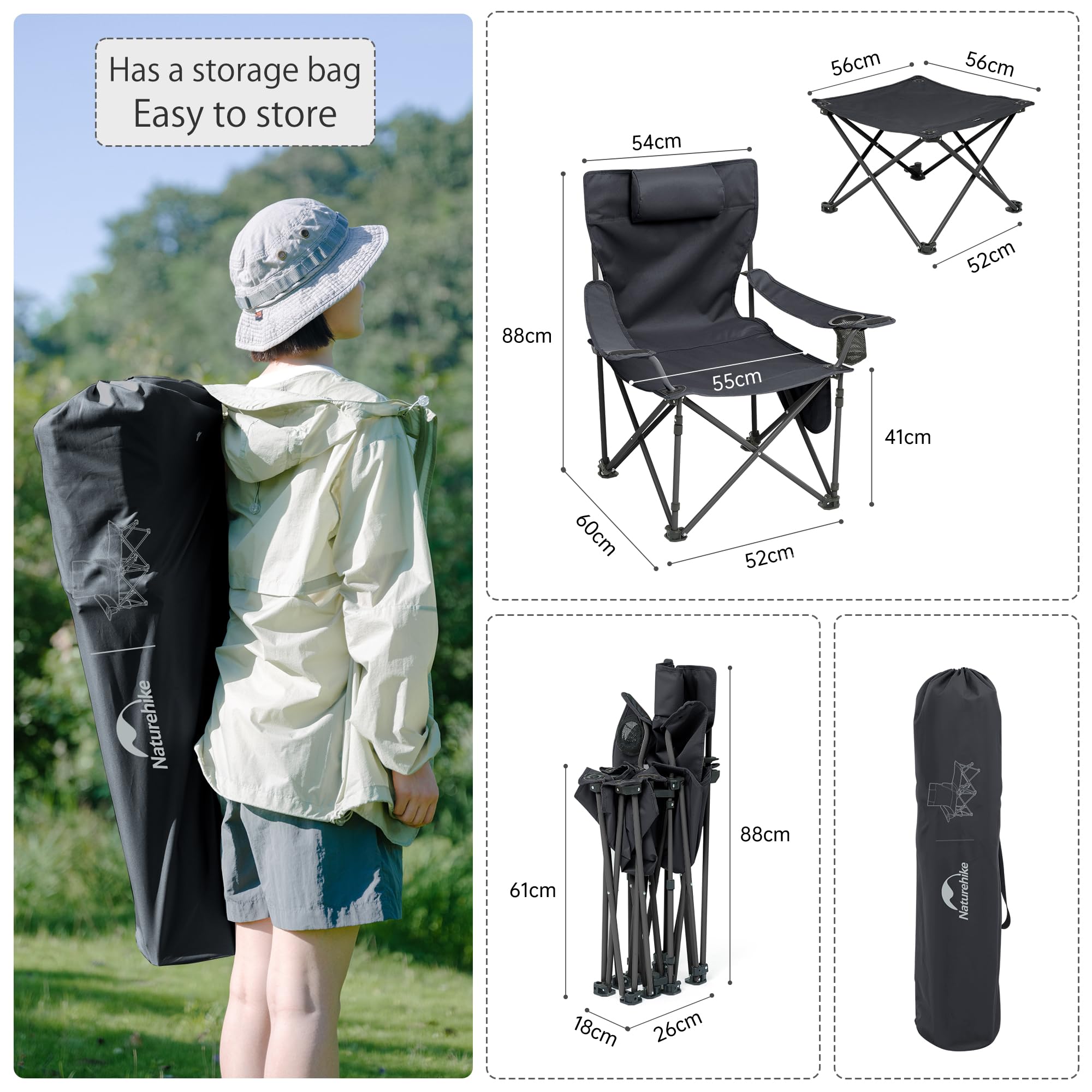 Naturehike 3-in-1 Camping-Klubsessel Liegestuhl Klappbarer Tragbarer Freizeitstuhl Verstellbarer Campingstuhl mit Abnehmbarer Fußstütze/Tisch/Hocker, Kopfstütze, Getränkehalter mit Handtasche