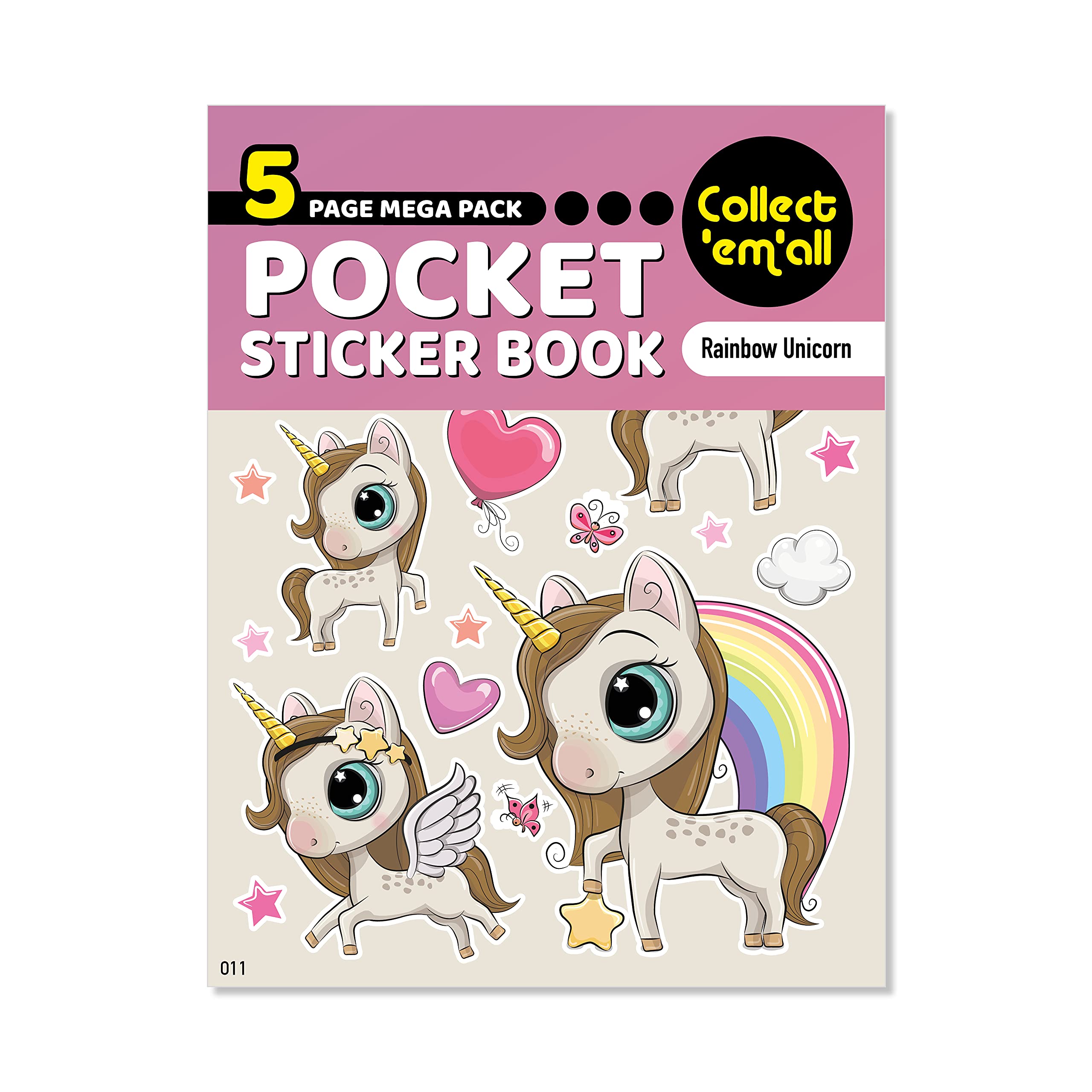 Pocket Sticker Book (5 Pages) - 64 MEGA Packs to Collect Coloured Stickers for Kids - Rainbow Unicorn