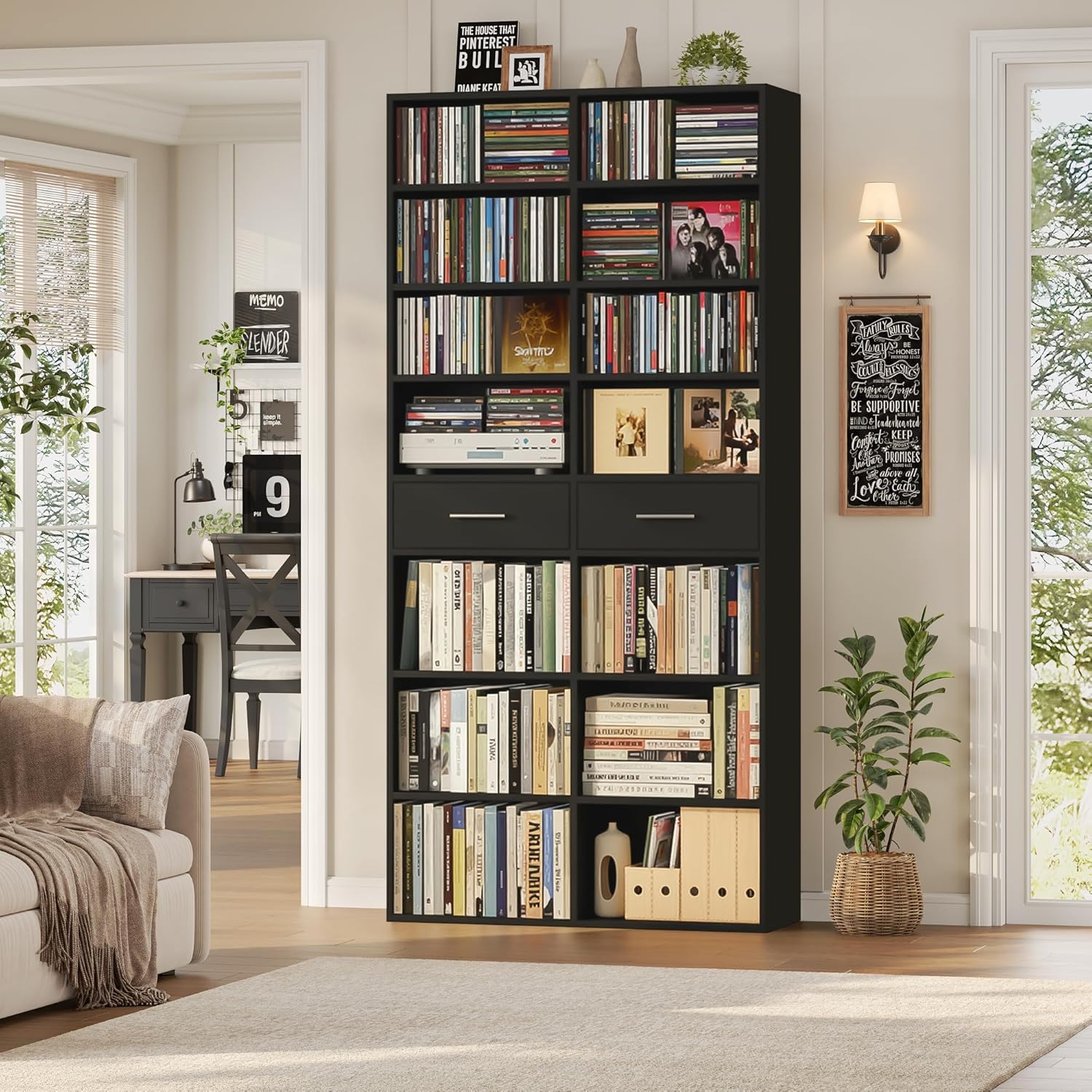 HOSTACK 73" Tall Bookshelf with Drawers, 7-Tier Black Bookshelf with Storage, Double Wide Bookcase with 14 Open Book Shelves, Wood Book Case with Adjustable Shelves for Media CD DVD Storage, Black