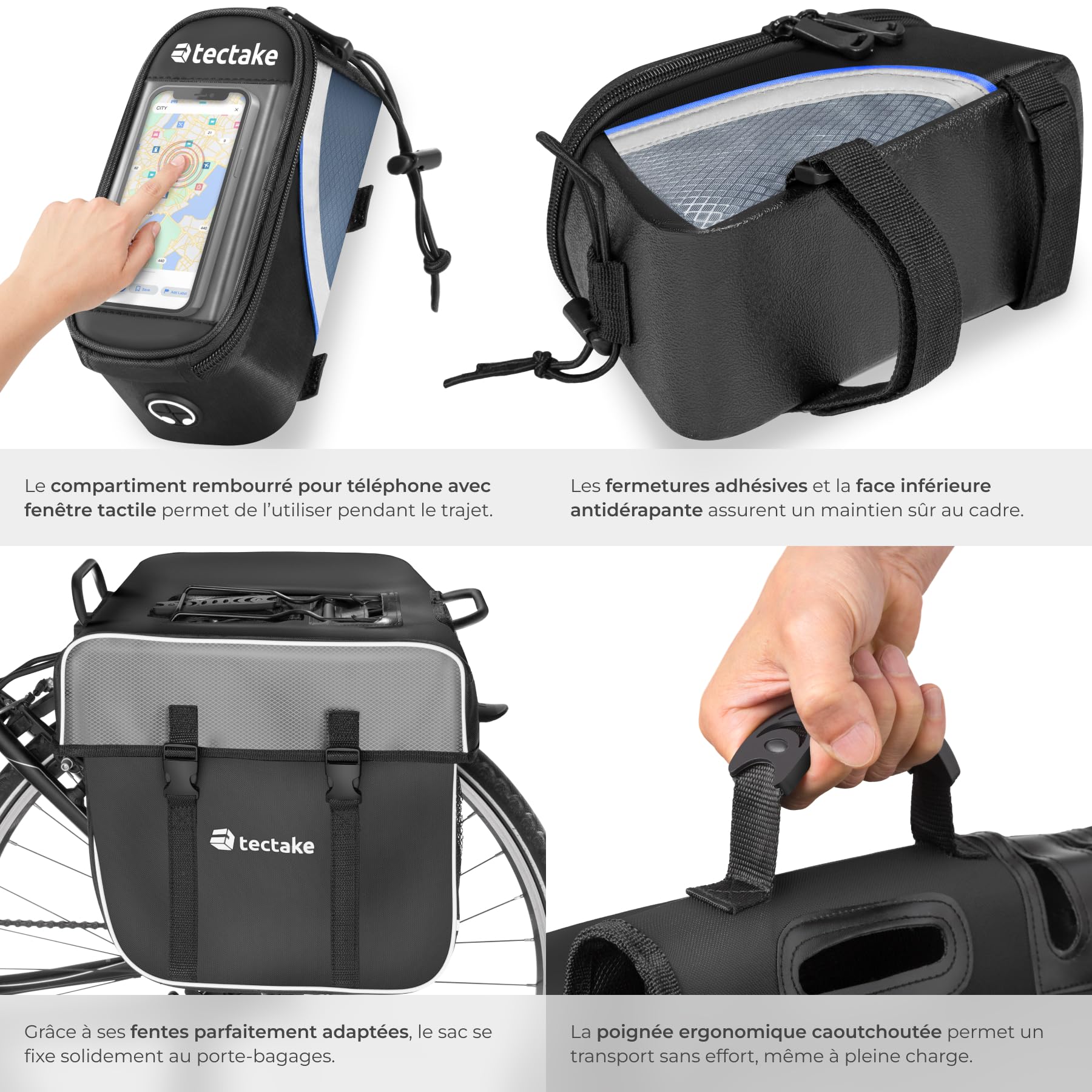 tectake® Ensemble Double Sacoche Velo Porte Bagages avec Bandes réfléchissantes et Sacoche de Cadre Support Téléphone Velo, Sacoches déperlantes pour Vélo électrique, Vélo, VTT, Cyclisme Sport Voyage