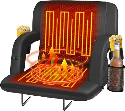 Seeutek Heated Stadium Seats for Bleachers with Back Support | 3 Level Heated Seat & Back NO Battery, 6 Recline Positions, Soft Cushion, 5 Pockets, Foldable, Anti-Slip, Backpack Straps