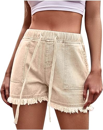 Miniatura 10 de XUNRYAN Pantalones cortos de mezclilla ligeros para mujer, de verano, casuales, holgados, modernos, elásticos, de cintura alta, con cordón, cómodos