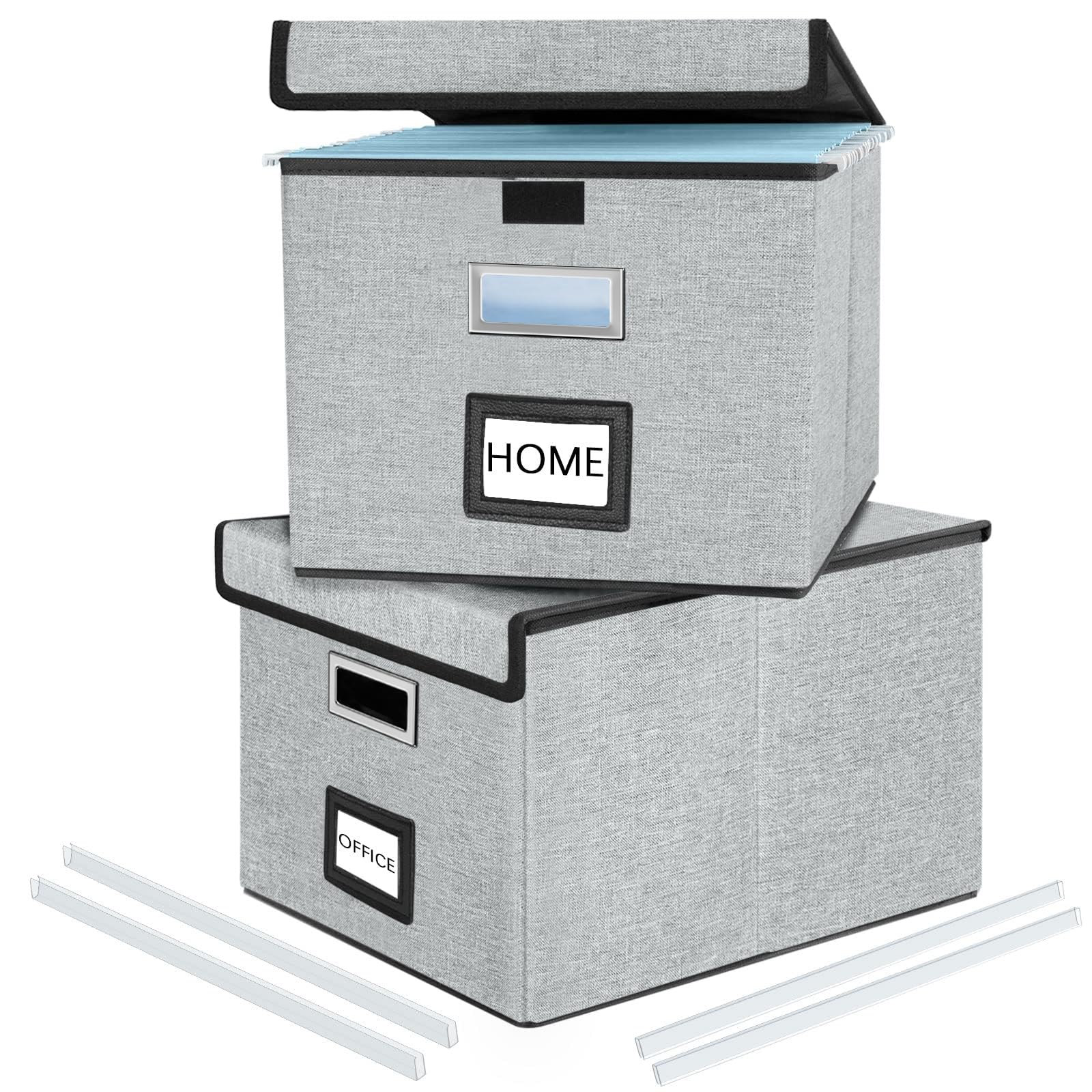 Huolewa Collapsible File Storage Organizer Boxes with Lids, Portable Large Linen Hanging Filing Storage Boxes, Decorative Home/Office Filling System for File and Folder Storage (Grey)-2 Pack