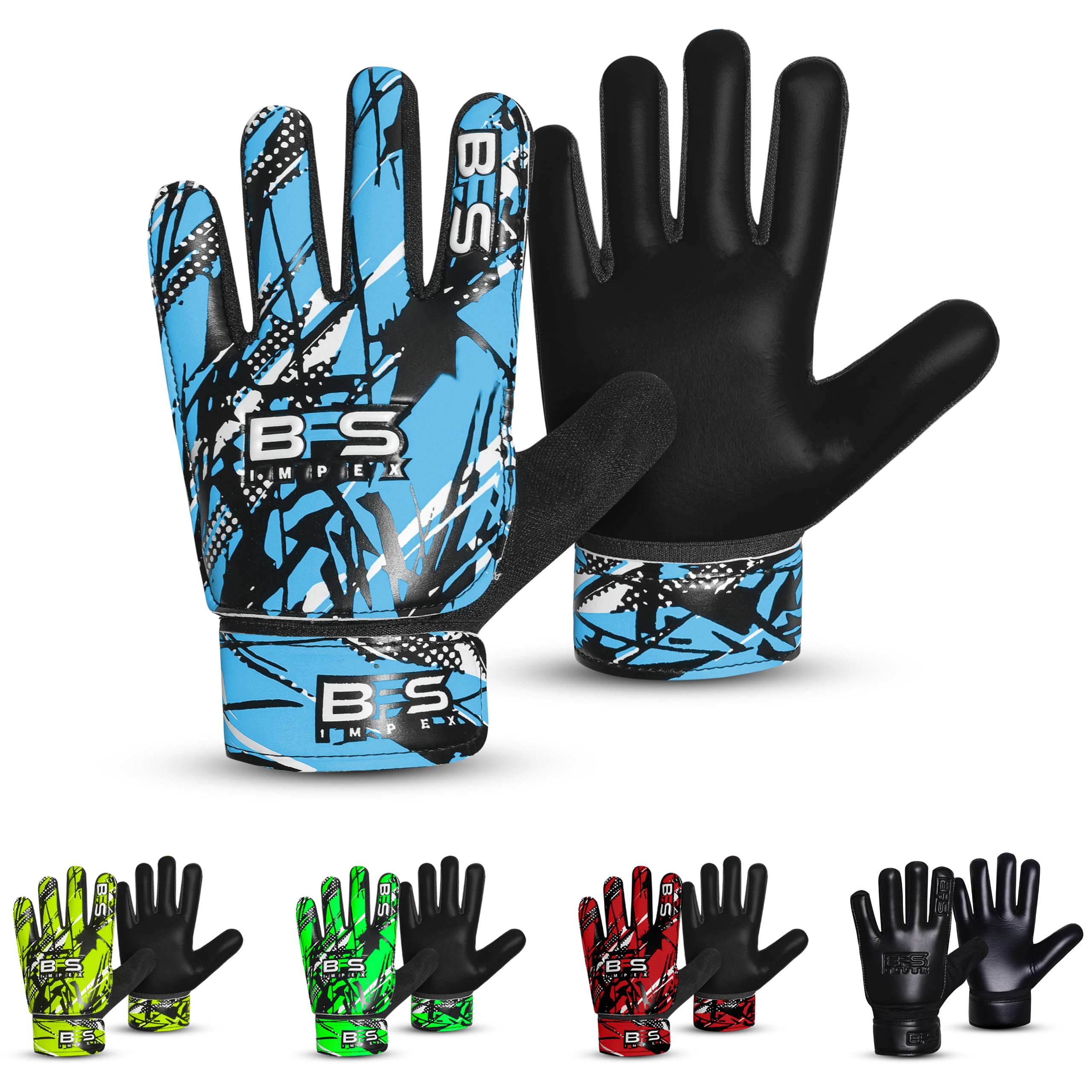 BFS IMPEX Kids Soccer Goalie Gloves – Youth Football Goalkeeper Gloves for Boys, Youth & Children with Strong Anti-Slip 4mm Latex Grip Palm, Double Wrist Support & Durable Football Gloves (Cyan, 8)