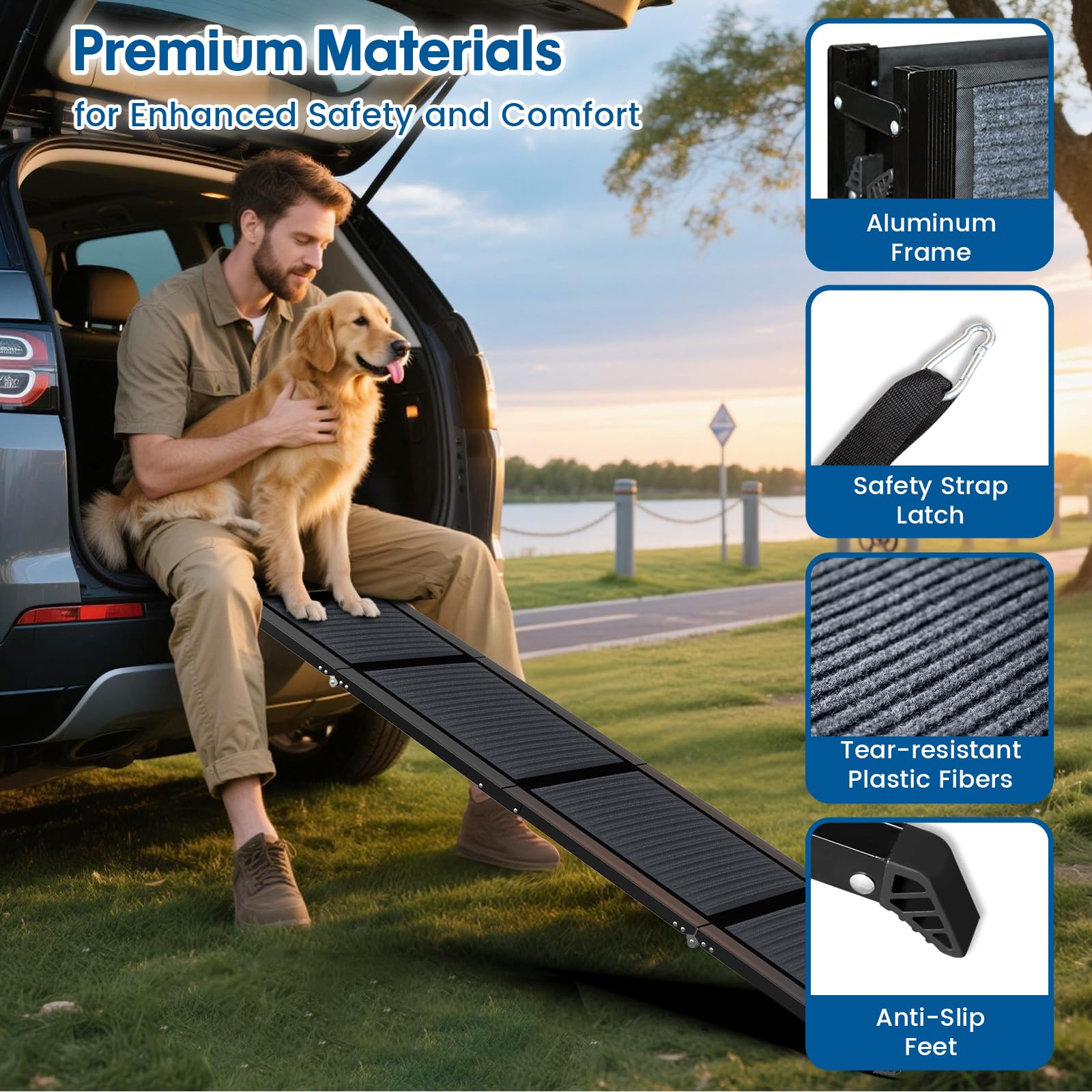 HBTower 71" Long & 17.3" Wide Folding Dog Ramp for Car, SUV & Truck – Portable Pet Ramp with Non-Slip Surface, Extra Wide Steps for Large Dogs Up to 250LBS - image 7