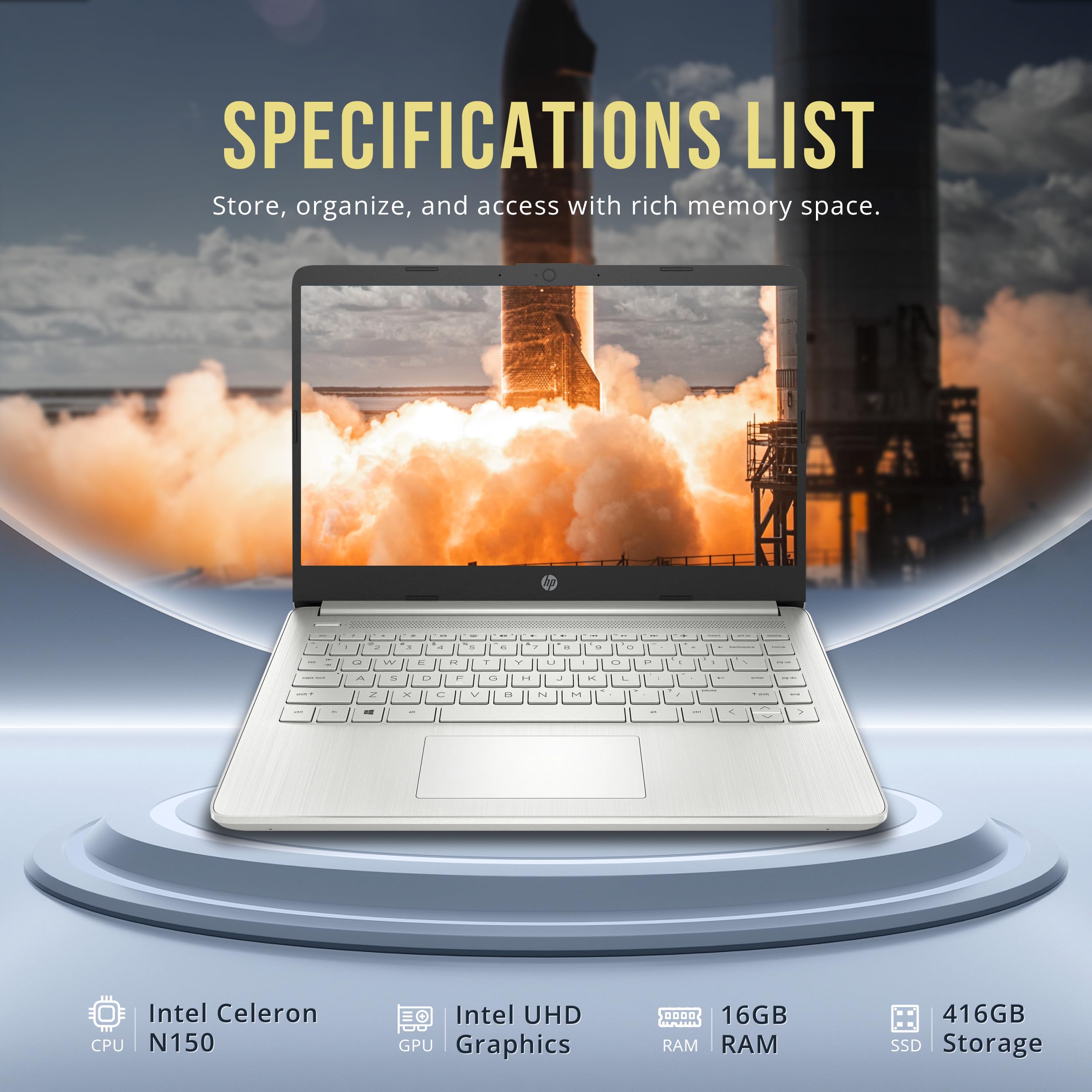 HP Stream 14" HD BrightView Laptop, Intel Celeron N150, 16GB RAM, 416GB Storage (128GB eMMC + 288GB Docking Station Set), Intel UHD Graphics, 720p Camera, Wi-Fi, 1 Year Office 365, Win 11 S, Silver