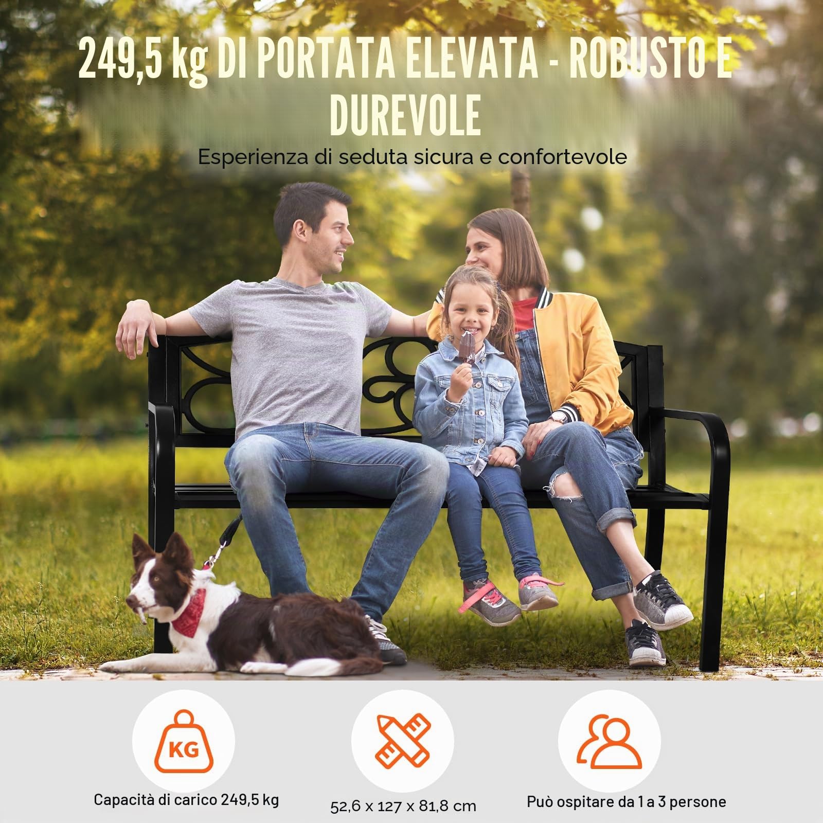 VEVOR Panchina da Esterno da 52,7 x 127 x 81,8 cm Panchina da Giardino in Metallo per Esterni, Capacità di Carico di 250 kg Panchina da Giardino con Schienale, Braccioli, per Parco, Cortile, Portico
