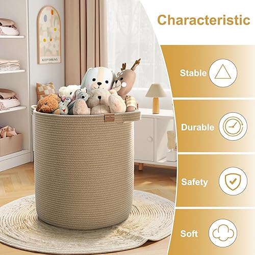 Miniatura 2 de BROVIEW Cesta de almacenamiento tejida, cestas altas para ropa sucia de 16 x 16 x 18 pulgadas, cesta de cuerda de algodón para juguetes, almohadas,