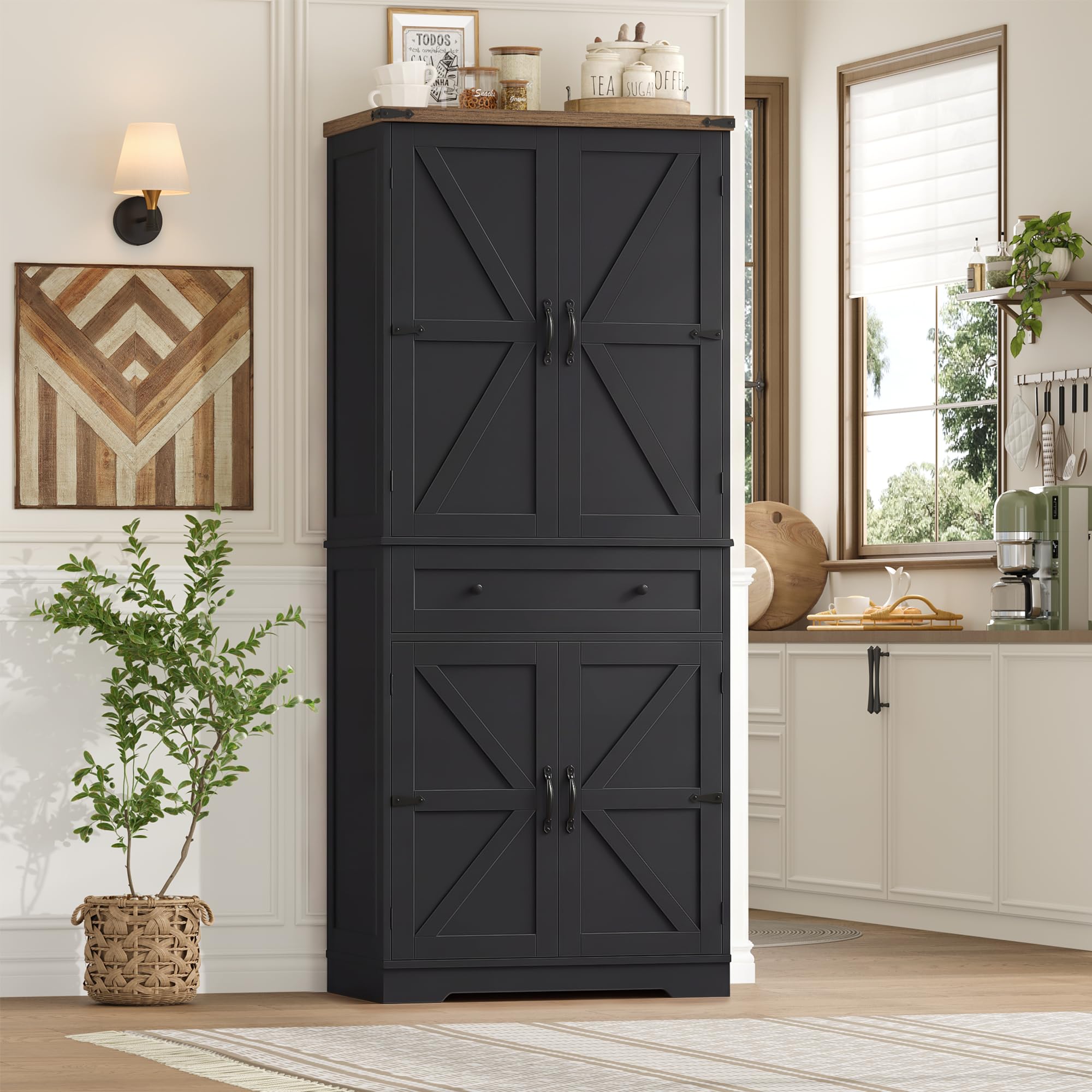 Küchenschrank, Buffetschrank Küchenbuffet mit 4 Türen und Schubladen, Vorratsschrank Hochschrank Küche mit 5 Staufächer für Küche, Wohnzimmer und Esszimmer (Schwarz)