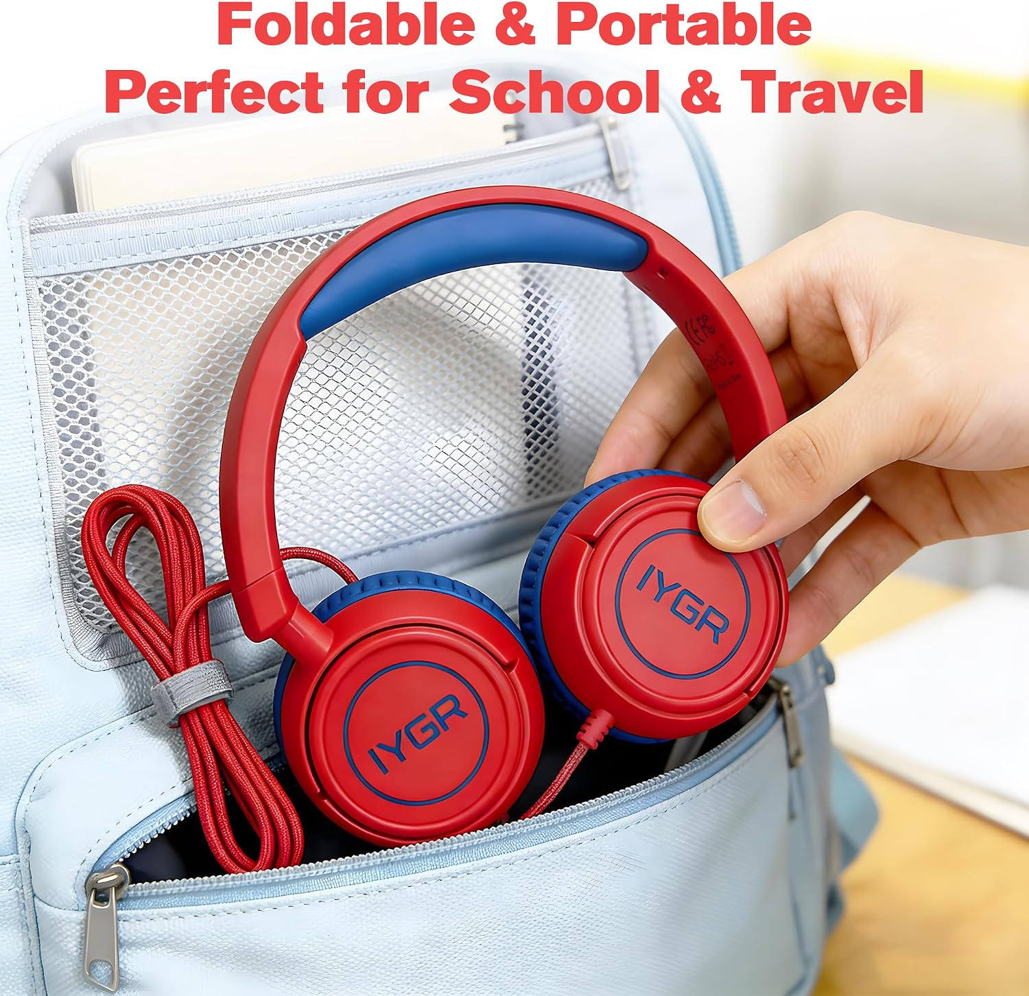 K6C Kids Headphones with USB-C, for Toddler & Kids Ages 2-12, 85dB Safe Volume Limited, Adjustable Headband & Foldable Wired, On-Ear Headphones for School, Travel, Tablet, iPad