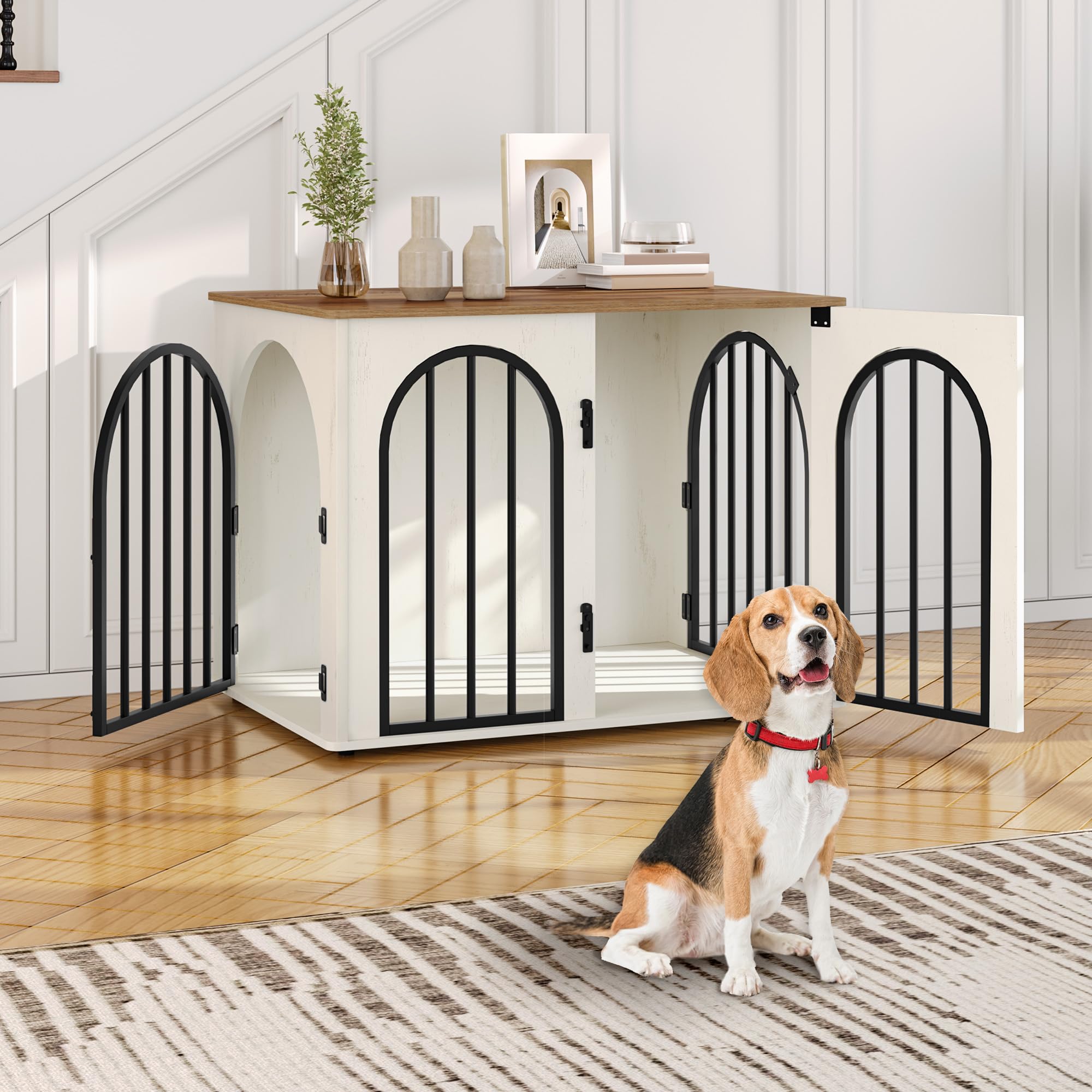 Hzuaneri Dog Crate Furniture, 80 cm Wooden Dog Crate, Indoor Kennel for Small/Medium Dogs, End Side Table Animal Crates, Anti-Chew, Anti-Escape, Arched Door Design, White Brown DFC85114B