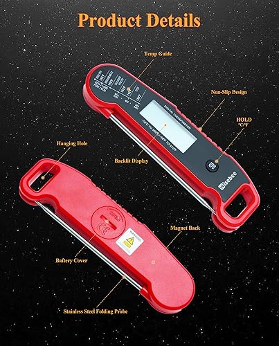 Miniatura 7 de Wisebee Termómetro digital para carne, 0.5 segundos, lectura instantánea, impermeable, termómetro de alimentos con pantalla retroiluminada de