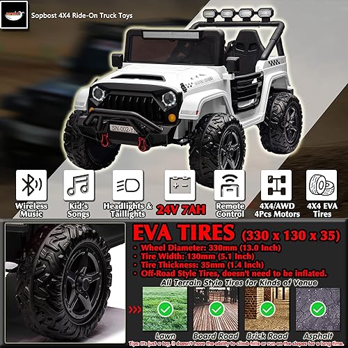 Miniatura 17 de sopbost Juguetes de paseo de 24 V para niños y niñas, vehículos eléctricos de 2 plazas 4 x 4 con pilas, 4 ruedas lado a lado, camión con control