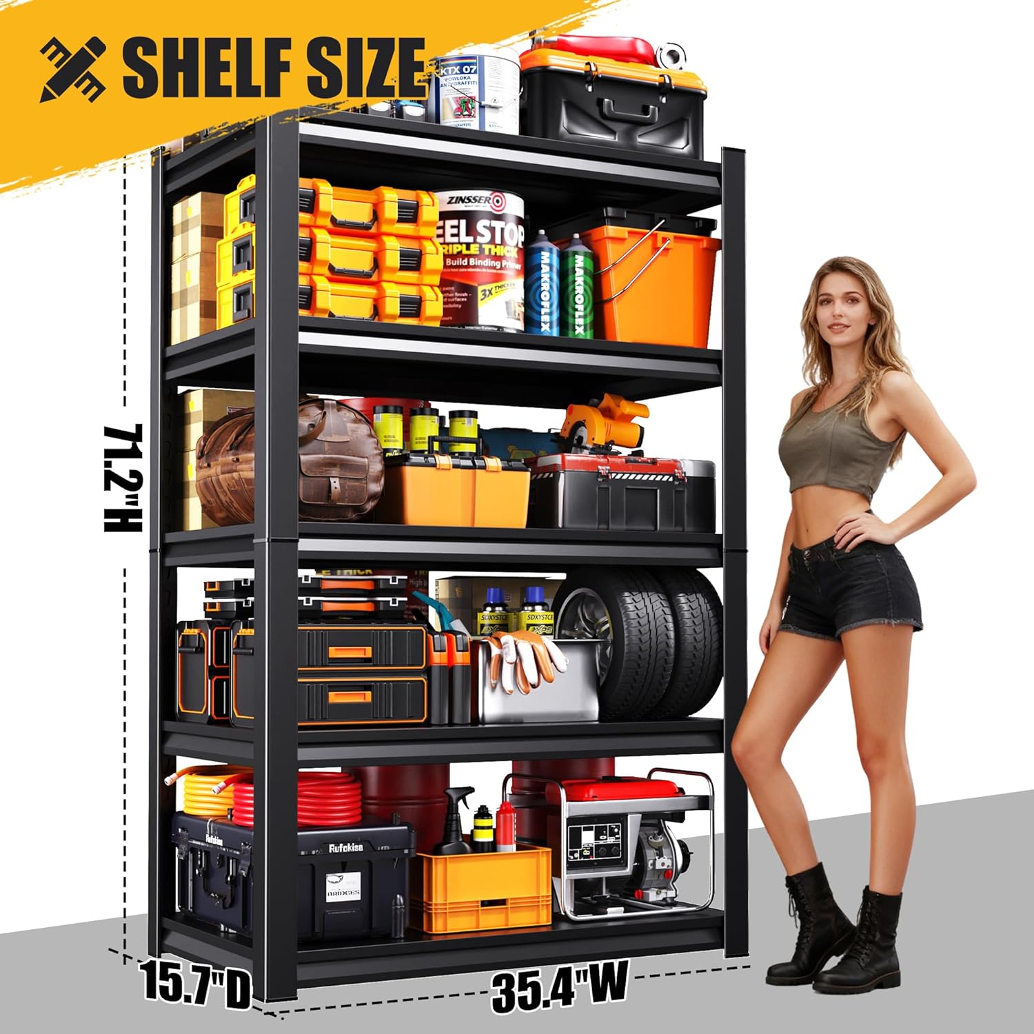 71" H Garage Shelving 5-Tier Heavy Duty Storage Shelves, Adjustable Metal Shelf Unit, Utility Organizer Rack for Basement, Pantry, Kitchen, Warehouse,15.7" Dx35.4 Wx71.2 H, Black