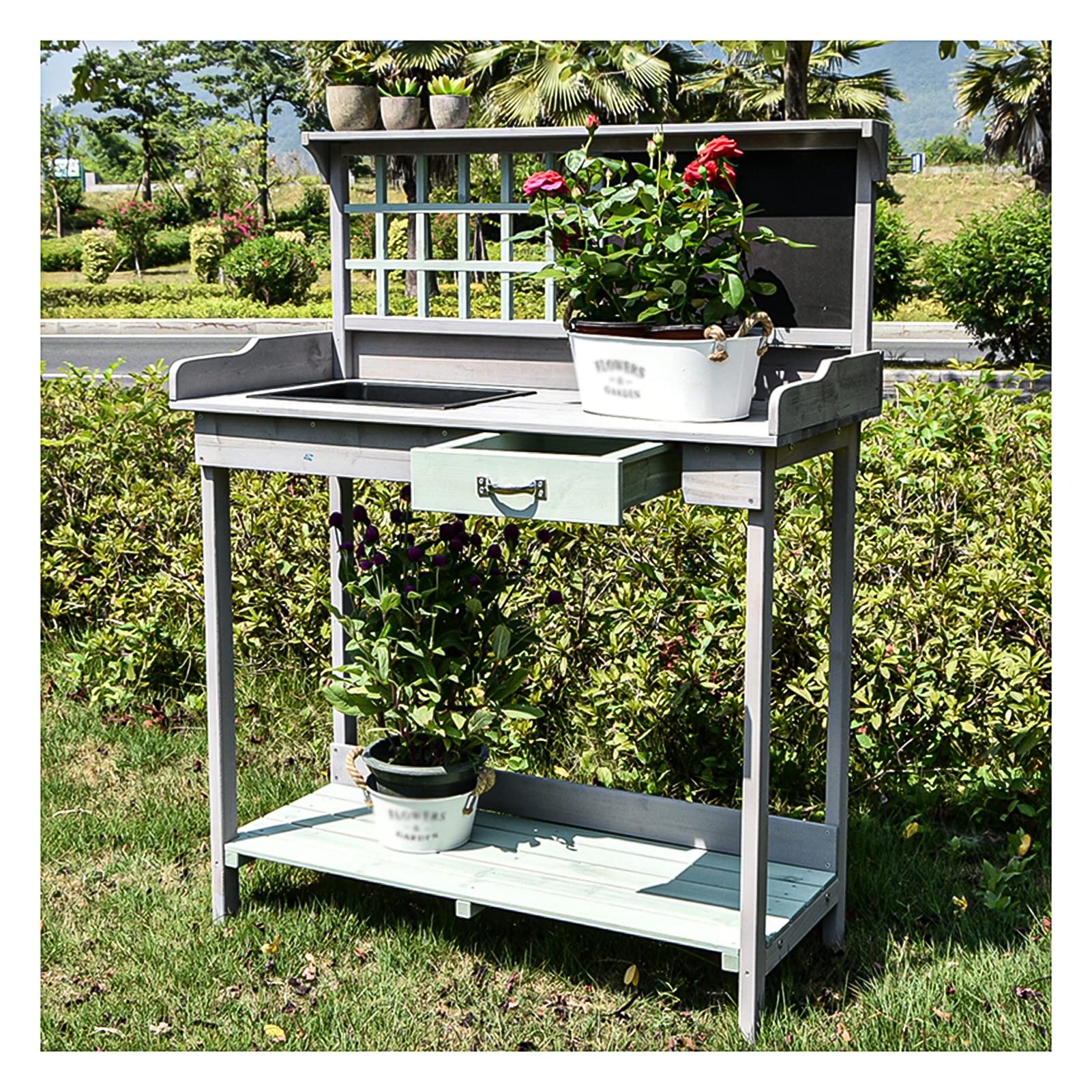 Table de banc de rempotage d'extérieur évier amovible pour ne plus salir votre terrasse