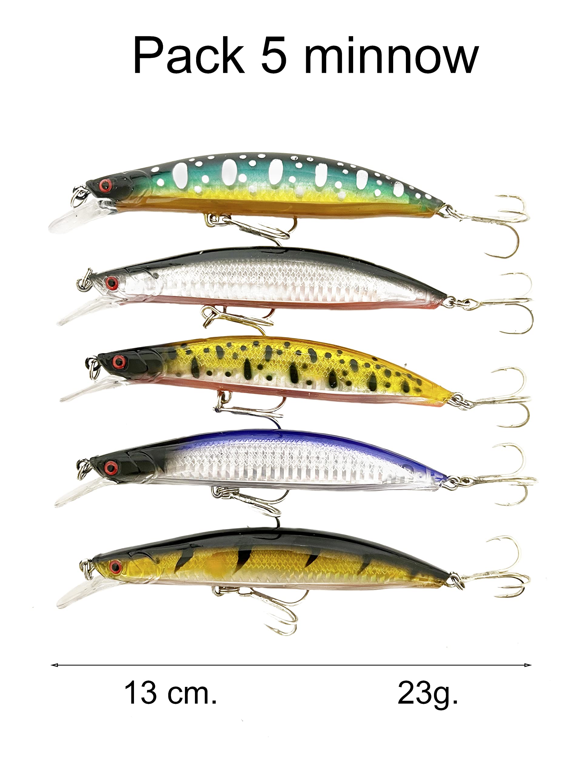 Señuelos de Pesca Spinning – Minnow spinning Lubina – Señuelos spinning mar – Señuelos Artificiales de pesca – Señuelos Flotantes Artificiales – Cebos Lucio/Black Bass/lubina – Pesca pantano y mar – 13cm y 23 gramos