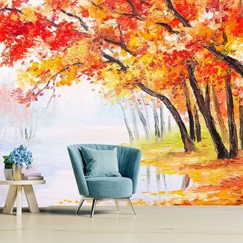 The Seven Colours Self Adhesive Wallpapers Autumn Trees Near River Vinyl Stickers Decals for Wall Decors | Floors | Flooring Rolls | Home Decoration | Bedroom (120x144 Inches)