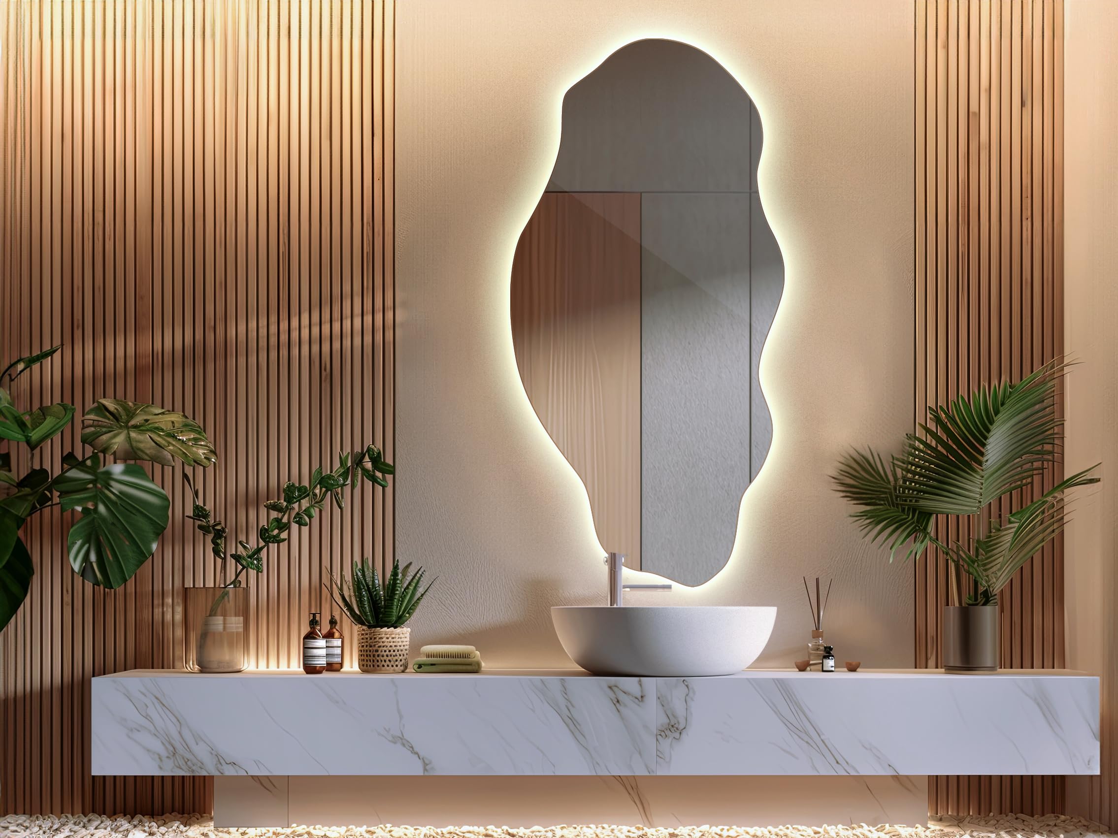 Tulup Specchio LED 50x100 cm Grande Moderno Irregolare Organico Asimmetrico Macchia per Bagno Soggiorno Verticale con illuminazione Luce neutra