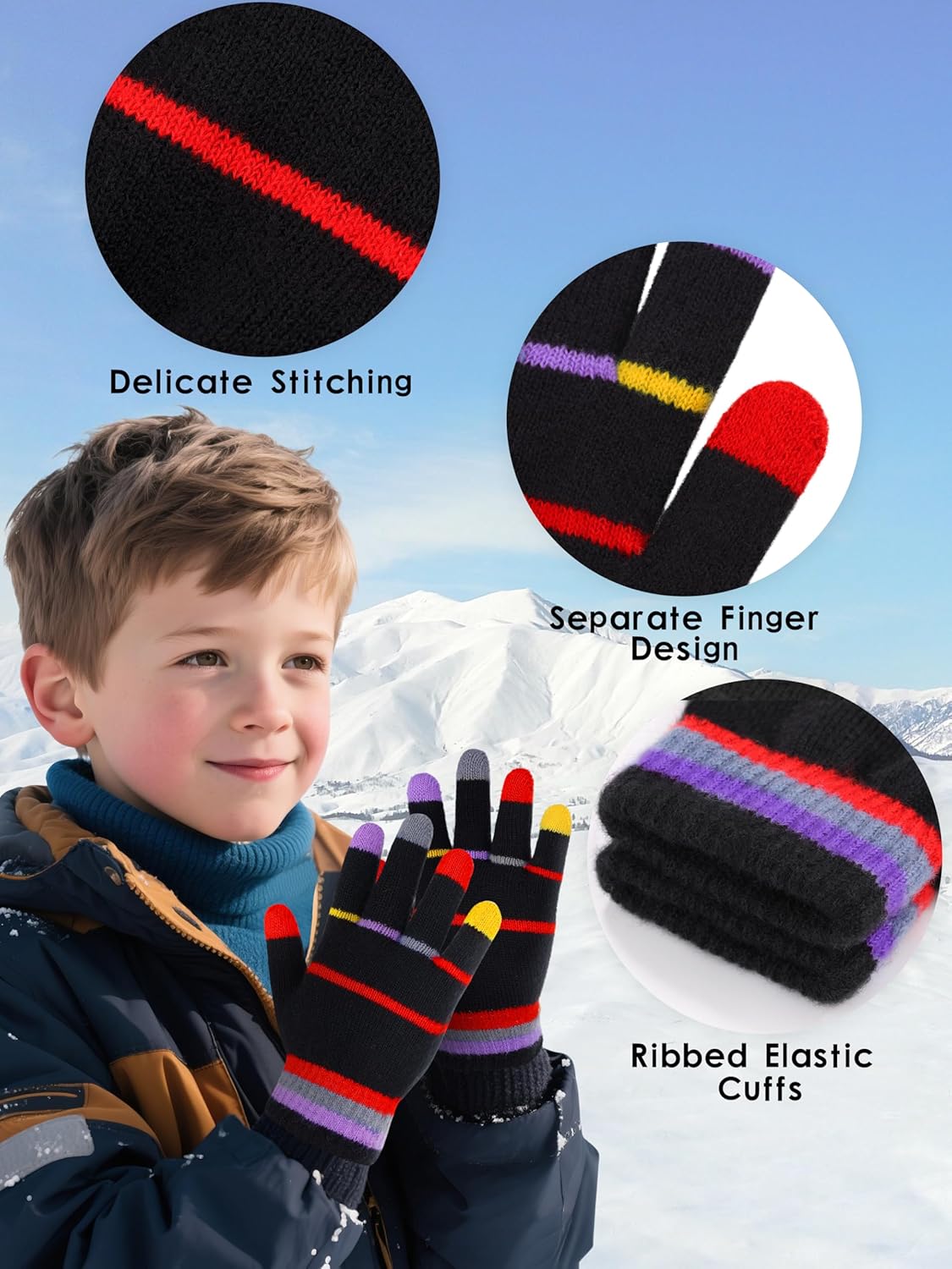 Cooraby 6 Pairs Kids Knitted Magic Gloves Teens Warm Winter Stretchy Full Fingers Gloves - Image 3