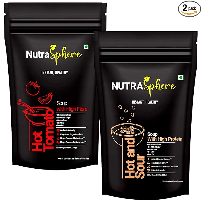 Tomato, Hot n Sour Soup Packets Combo. High Protein, High Fibre (Instant, No MSG, Preservative Free, Sugarfree, Gluten Free, Diabetic Friendly) - 10 Sachets Each