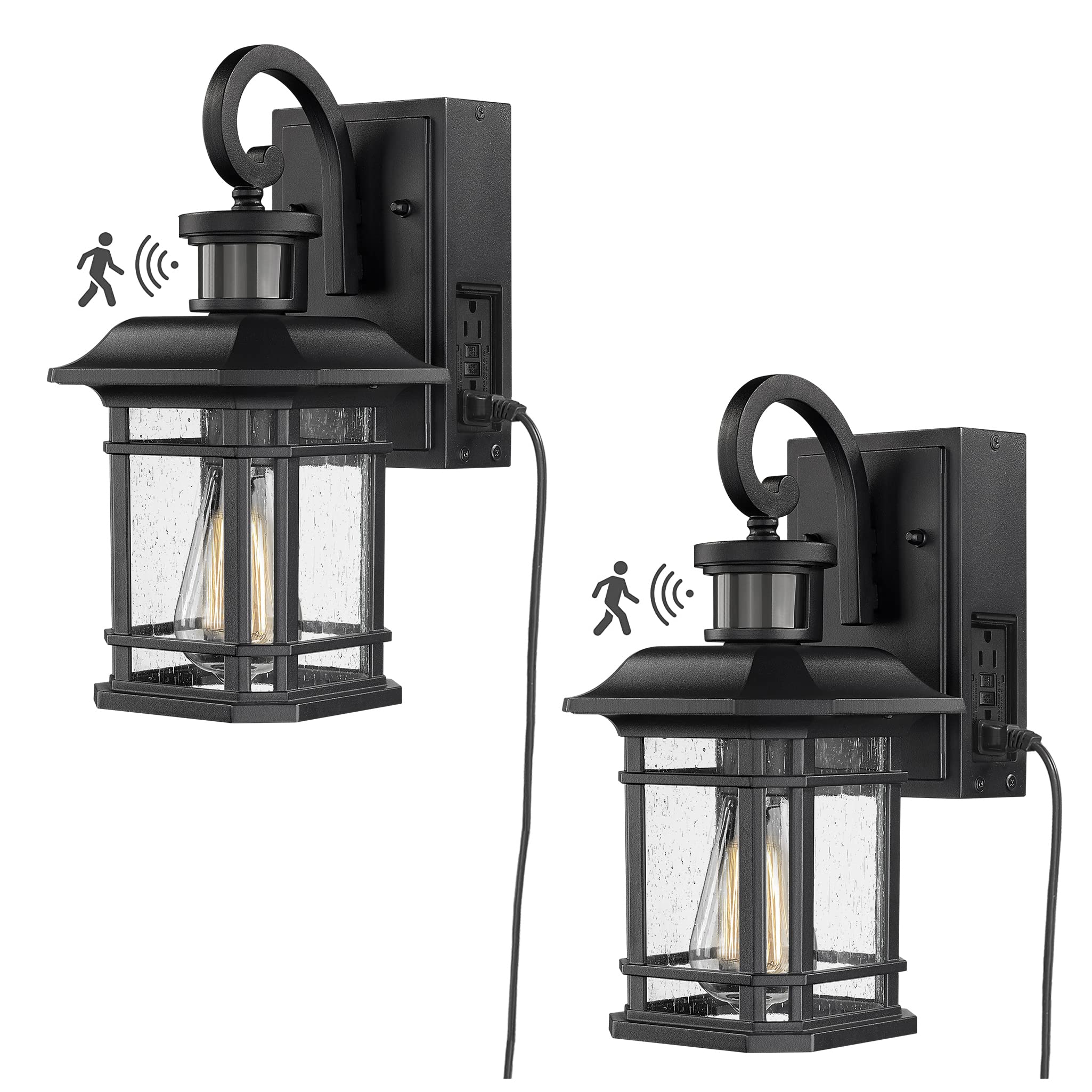 zeyu 2 Pack Outdoor Wall Lanterns with GFCI Outlet, Motion Sensor Exterior Wall Light Fixtures