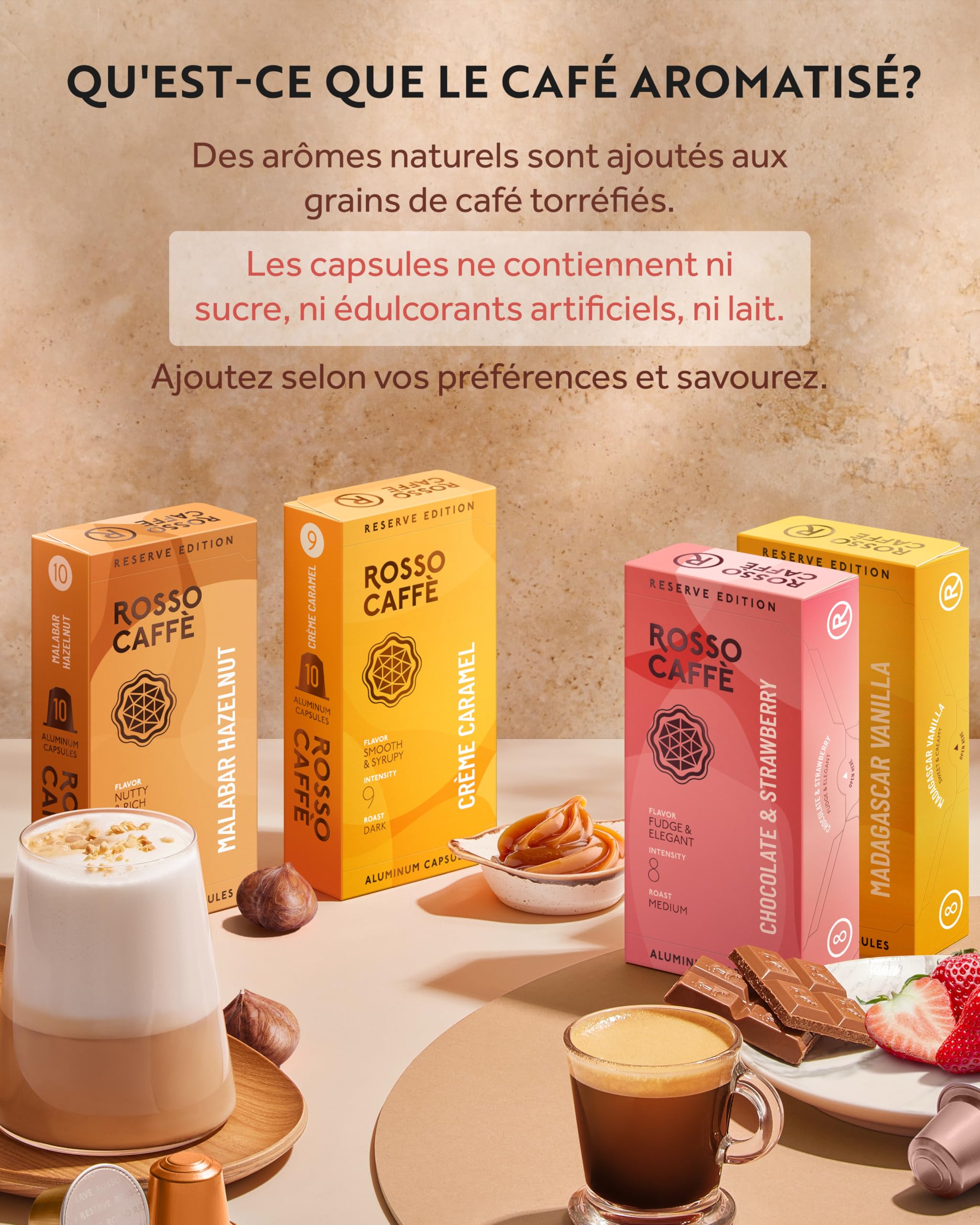 ROSSO CAFFÈ Capsules Nespresso 80 Pièces Café Aromatisé Reserve Edition, 4 Variétés Premium Assortiment, Capsules Café compatibles Nespresso, Made in Italy, compatible avec Machines Originales