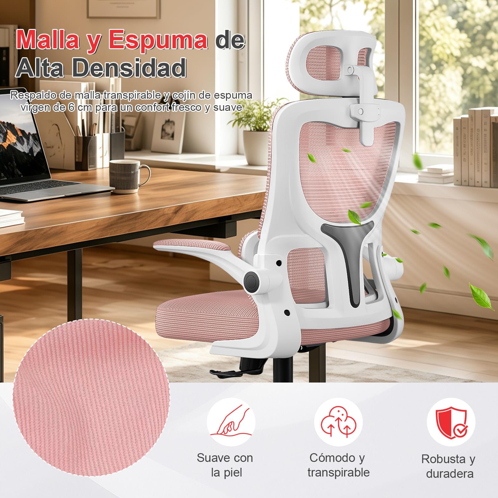 Silla Ergonómica de Oficina con Soporte Lumbar Adaptativo, Reposacabezas Ajustable y Reposabrazos Abatibles, Silla de Malla Reclinable para Oficina en Casa, Estudio y Gaming, Rosa