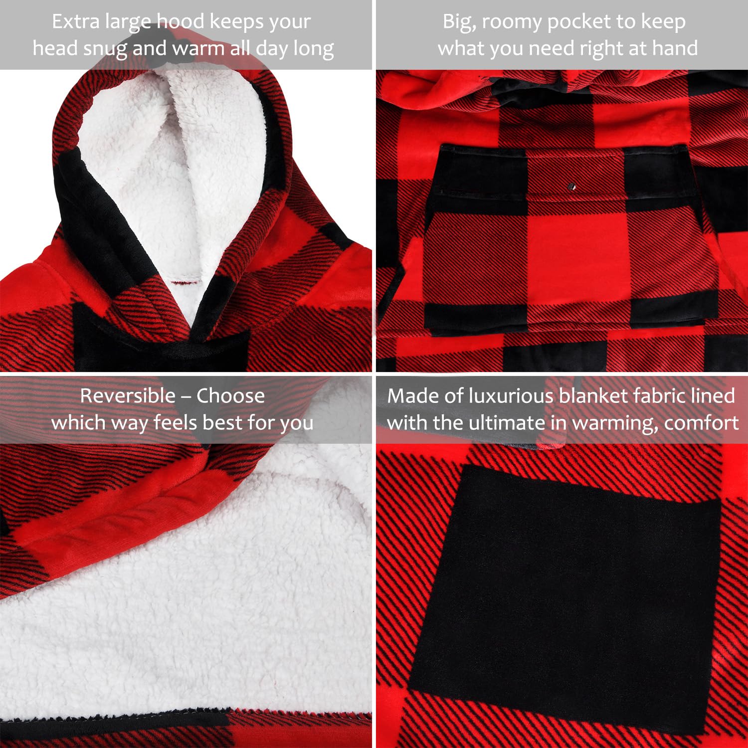 Catalonia Oversized Blanket Hoodie Sweatshirt, Wearable Sherpa Lounging Pullover for Adults Women Men: One Size Red Plaid