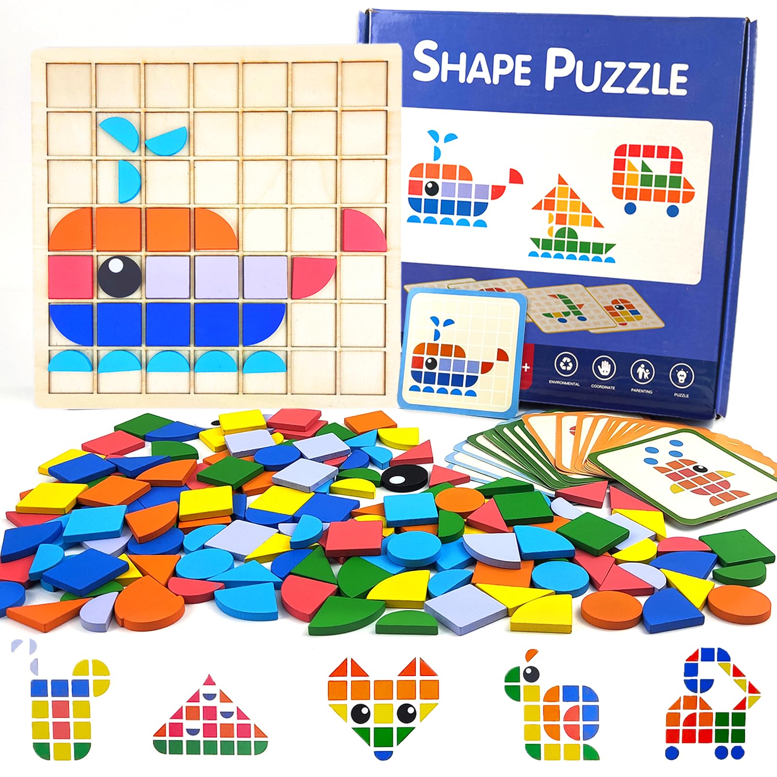 Guopai 140 Pezzi Tangram in Legno per Bambini, Puzzle a Mosaico Creativo con 20 Carte Modello, Giochi Montessori Educativi, Giocattolo Logico Regalo per Ragazzi e Ragazze dai 3 Anni - 2