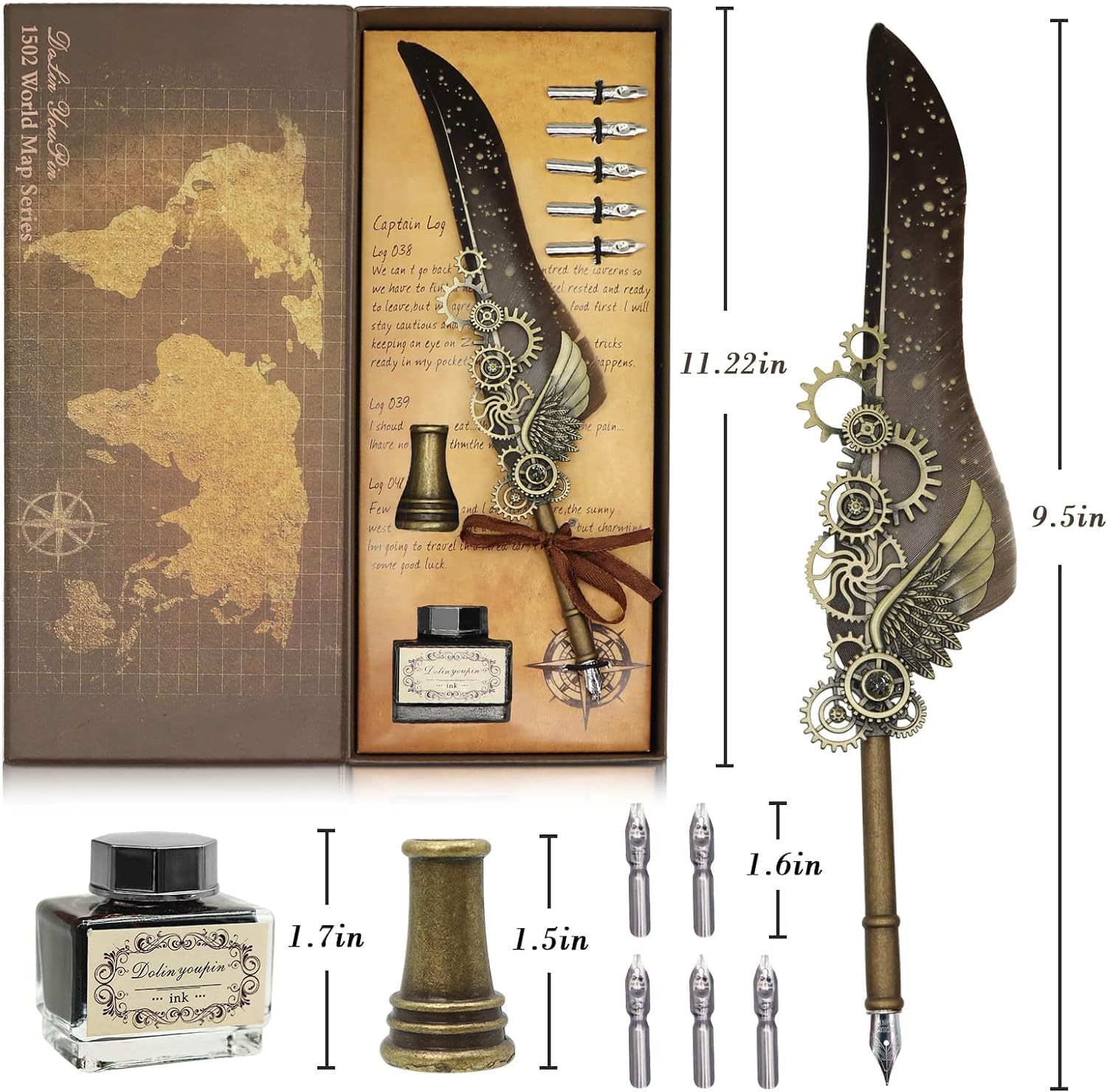 SPITEN Antique Quill Pen Calligraphy Set: Elegant Writing and Drawing Kit for Signature, Wedding, and Retro Décor - Includes Ink Dip, Replacement Nibs - Perfect Birthday or Wedding Gift (1)