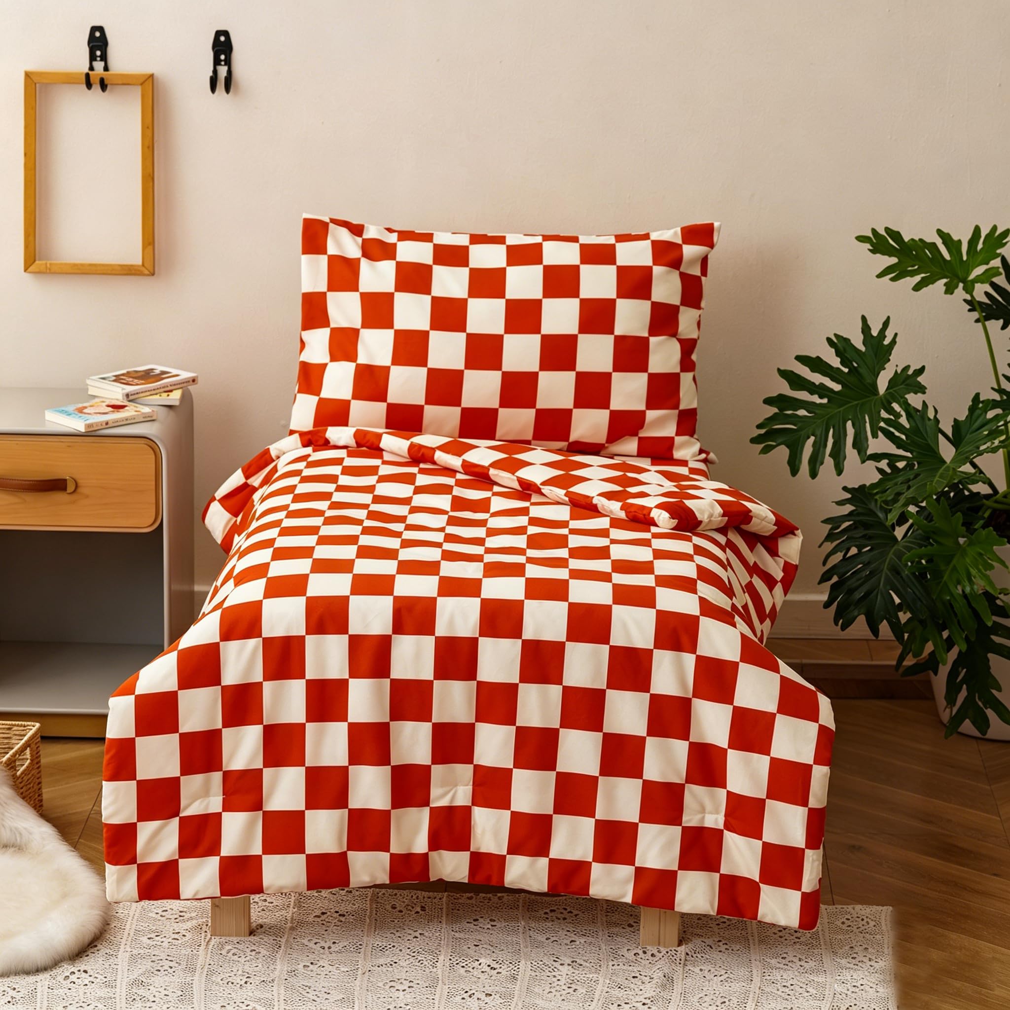 KAREVER Grid Toddler Bedding Set Orange White Checkered 4 Pieces Crib Bed Set Kids Pliad Comforter Set