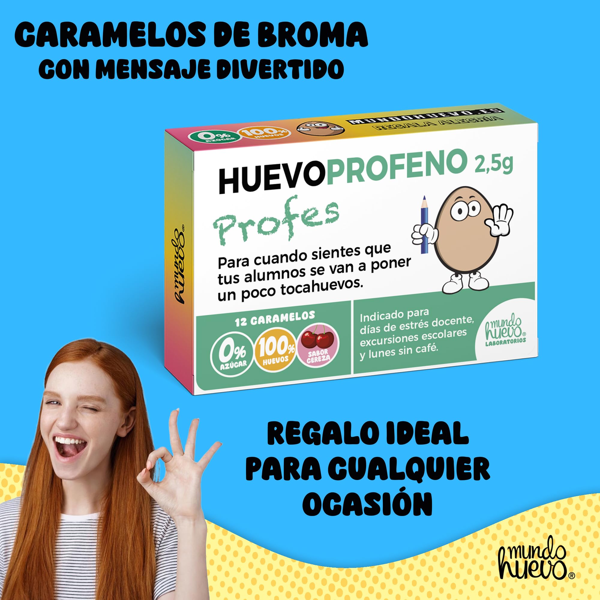 Caramelos de broma HUEVOPROFENO+ Profe | Caja con 12 caramelos sin azúcar sabor cereza | Regalo divertido para profes que dejan huella
