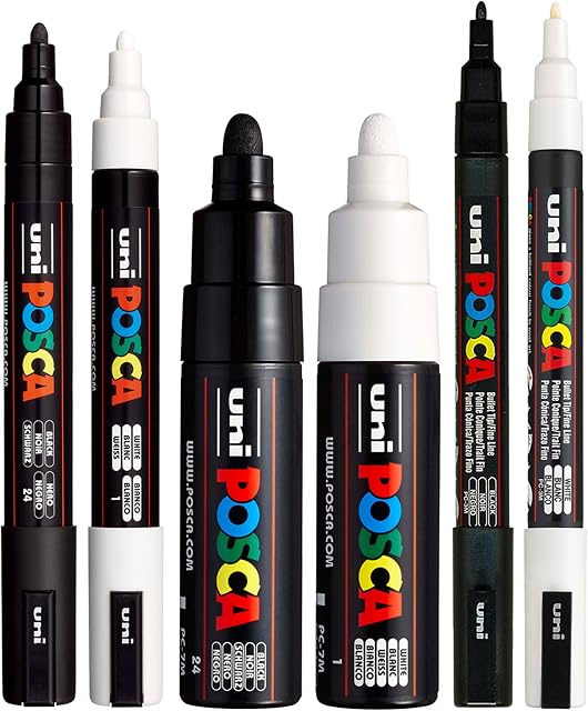 POSCA Black & White Bullet Tip - Set of 6 Pens (PC-5M, PC-7M, PC-3M)