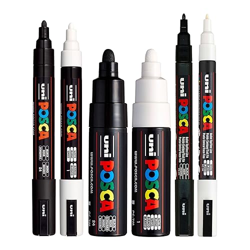 posca Black & White Bullet Tip - Set of 6 Pens (PC-5M, PC-7M, PC-3M)